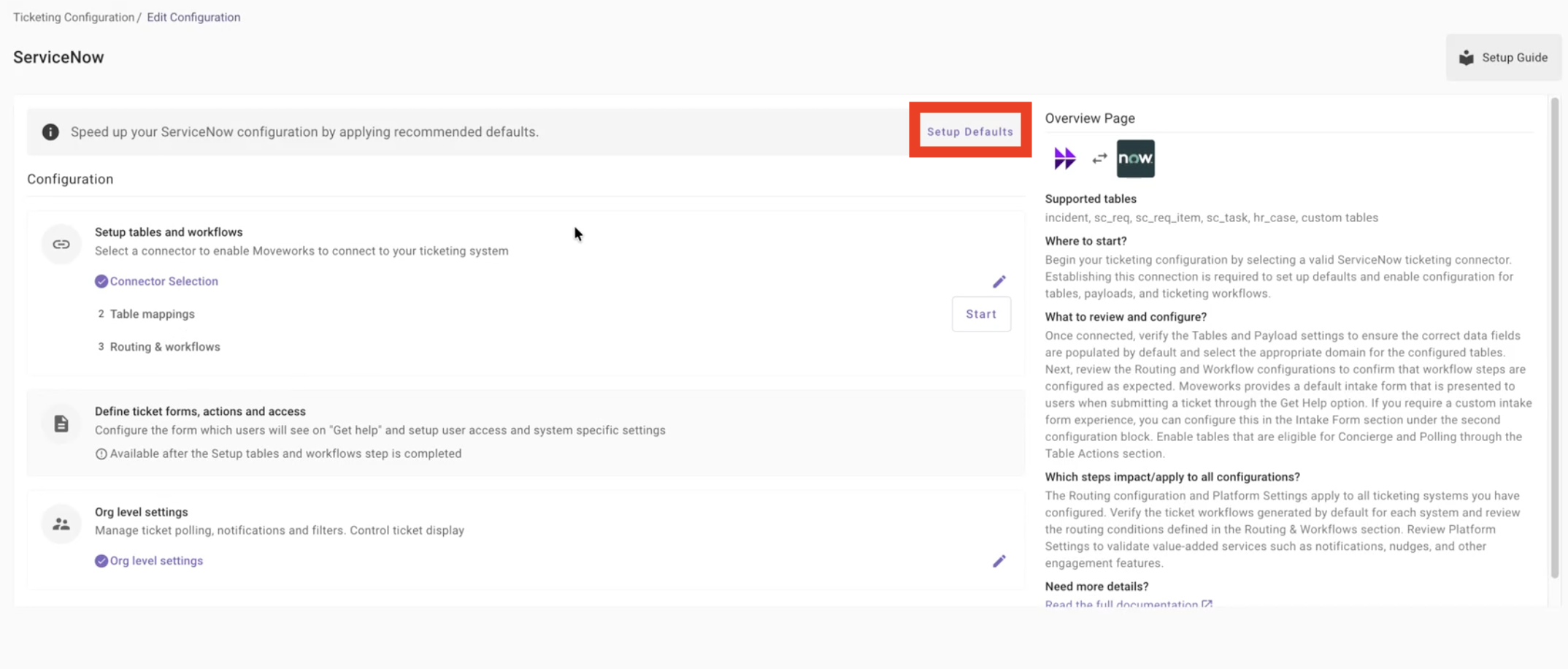 Setup Defaults button that pre-loads the standard ticket table mappings