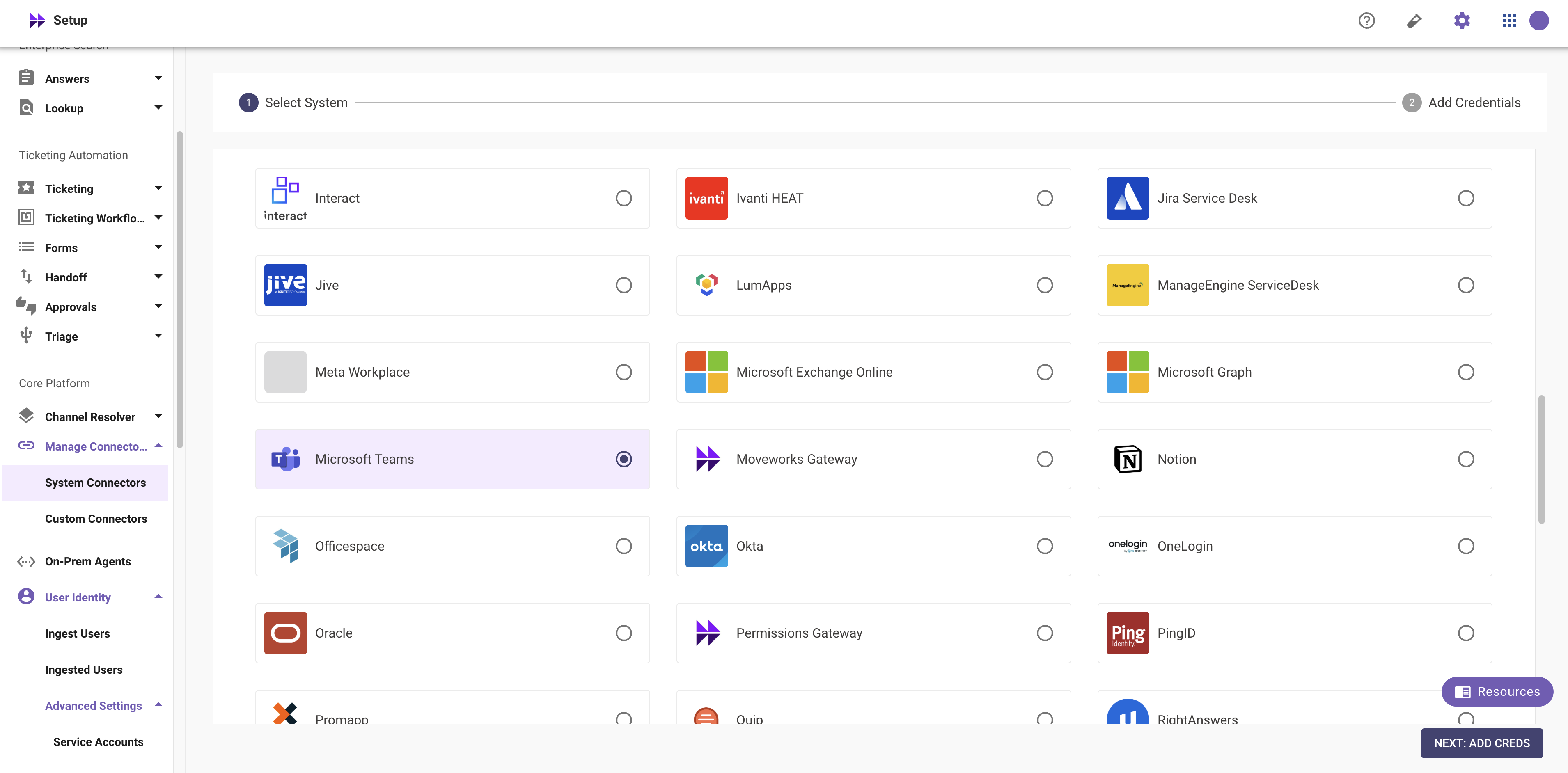 Built-in Connectors page with Microsoft Teams selected
