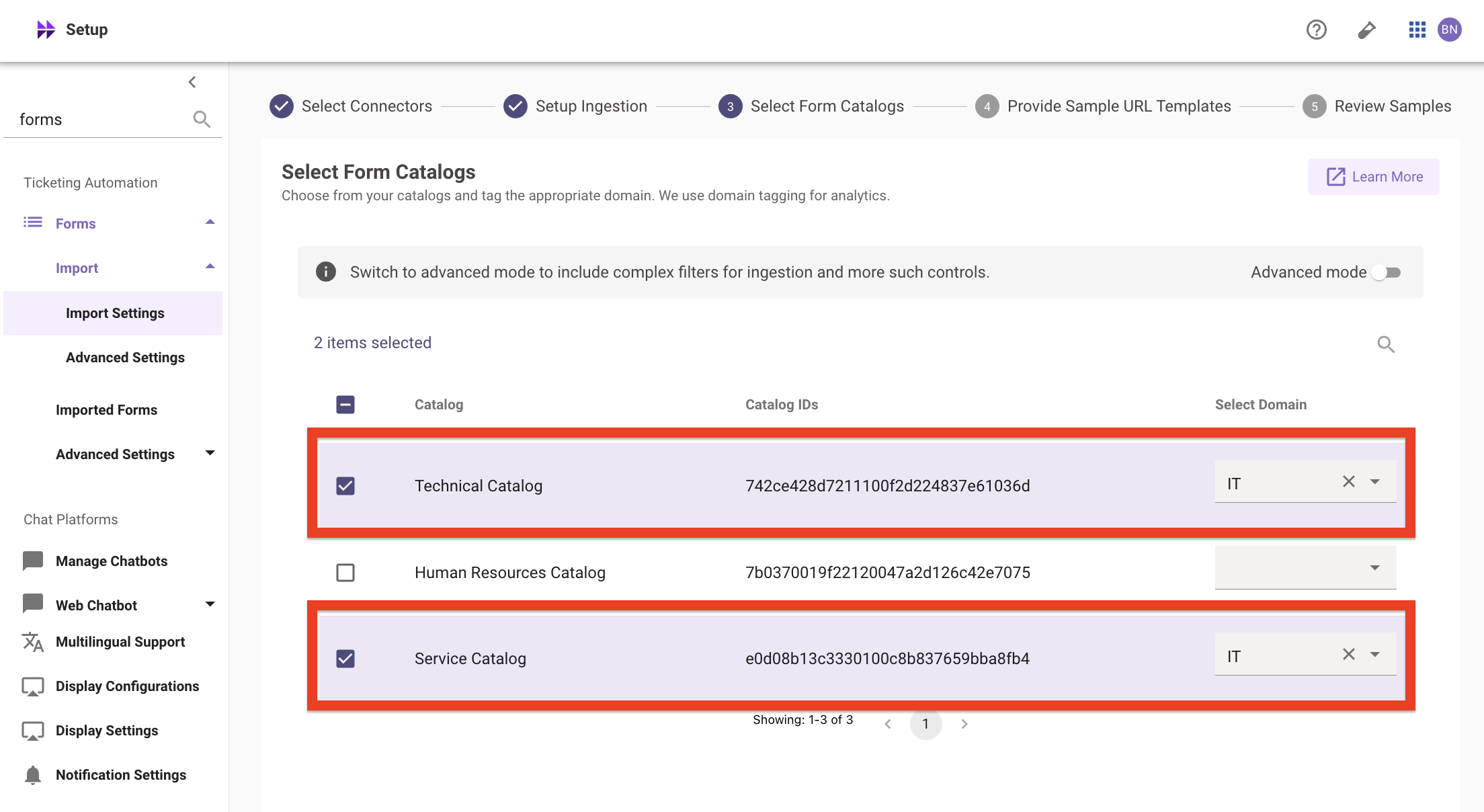 Catalog selection step with catalogs checked and assigned to a domain
