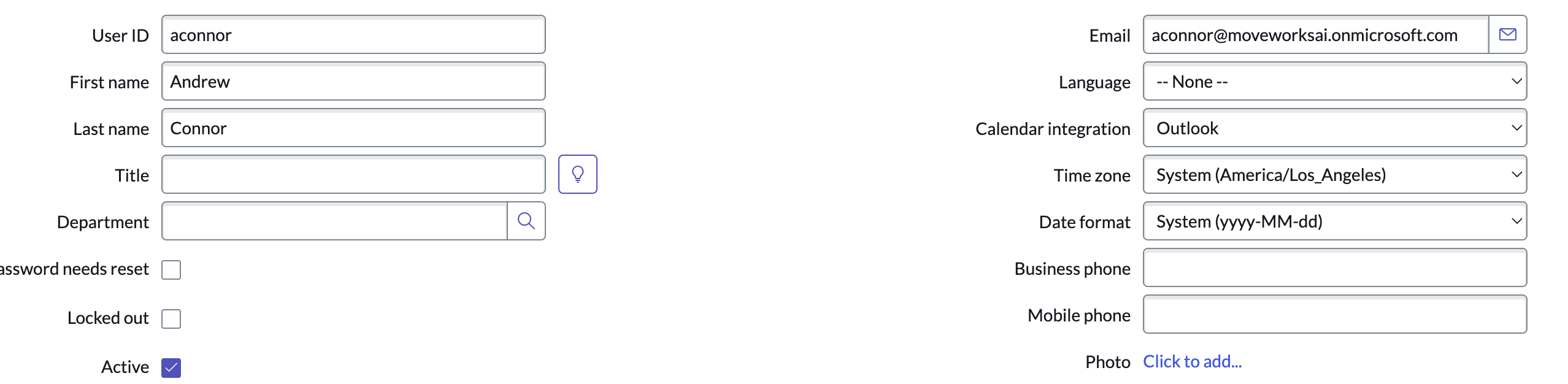 New User form in ServiceNow with the User ID, email, and name fields populated