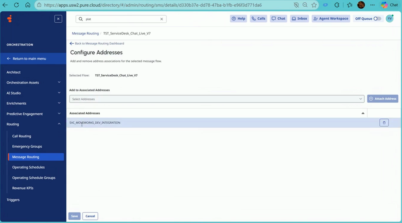 Message Routing: the Open Messaging integration attached as the address of the inbound message flow