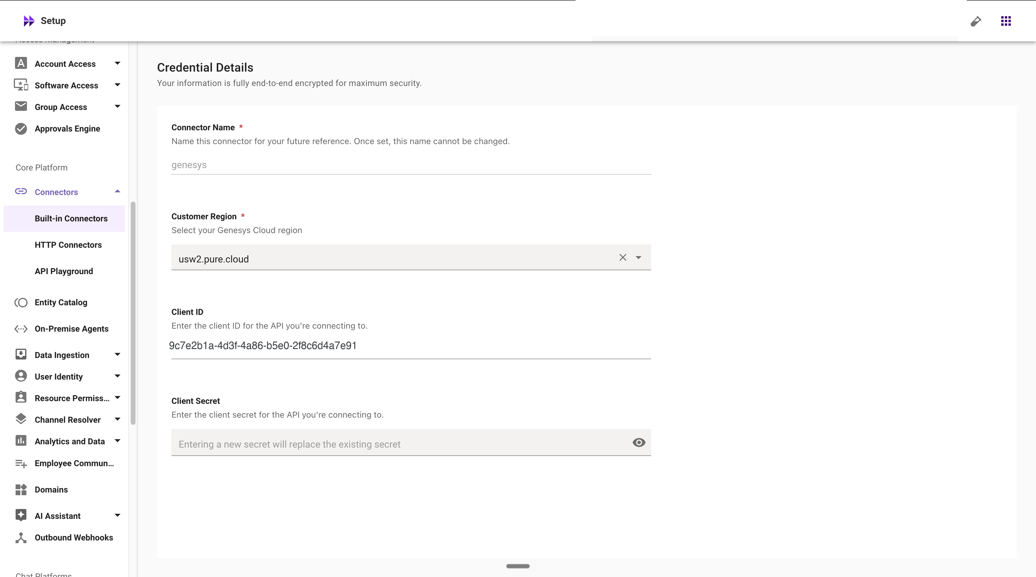 Connector credential details: region, client ID, and client secret (example values shown)