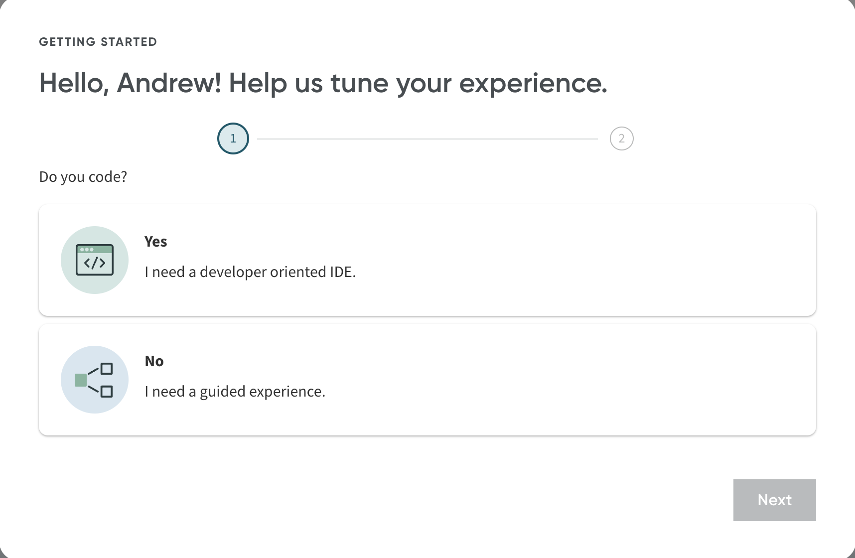 ServiceNow developer onboarding — experience selection screen 1