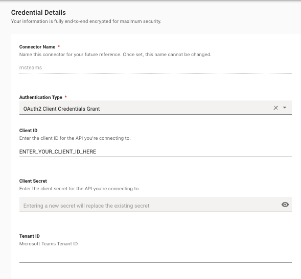 Credential Details with OAuth2 Client Credentials Grant authentication type selected