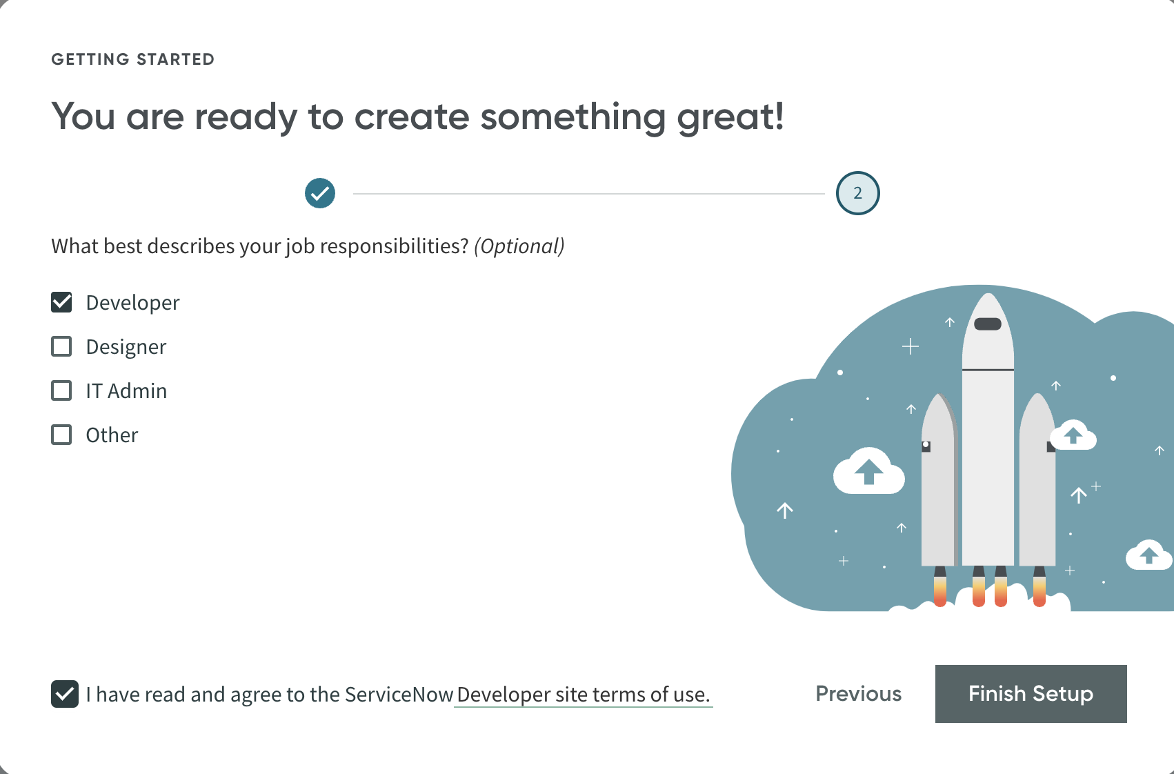 ServiceNow developer onboarding — experience selection screen 2