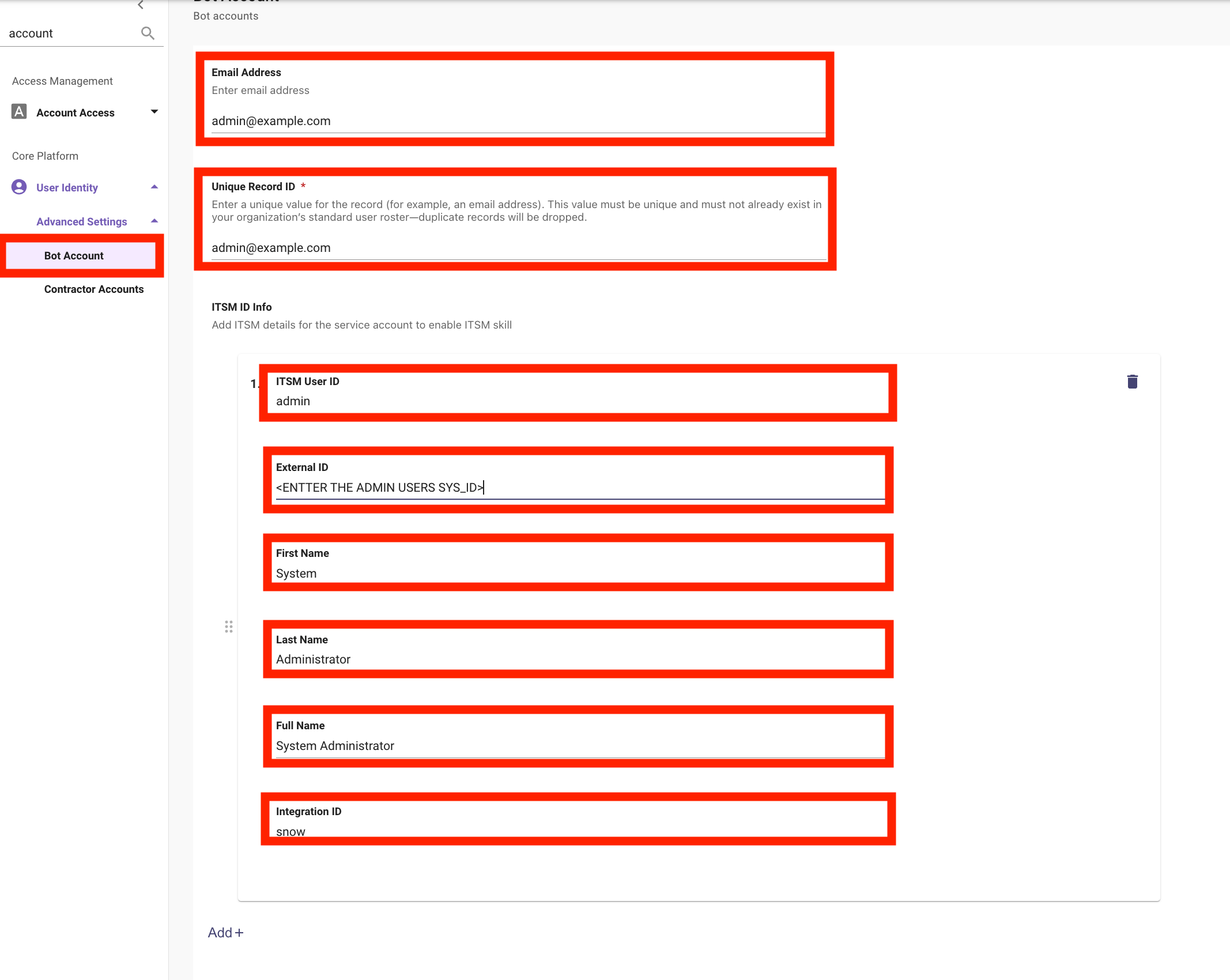 Bot Account page in Moveworks Setup with the Email Address, Unique Record ID, ITSM User ID, External ID, and Integration ID fields highlighted. The example values shown (admin@example.com, snow) are placeholders; enter the values for your chosen account.