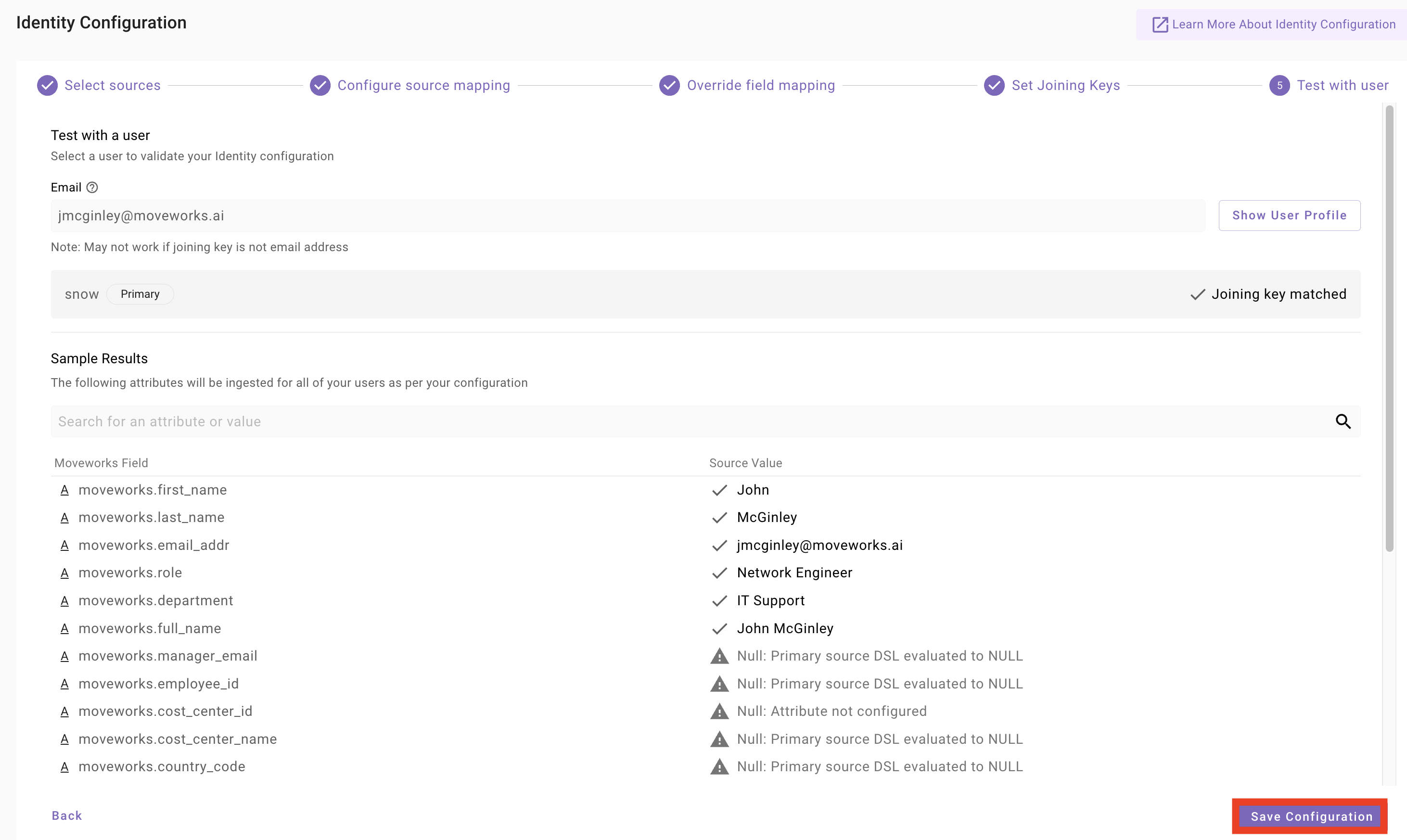 Test with user step showing resolved profile attributes for a sample user