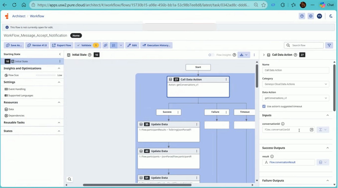 Accept workflow: the conversation-lookup data action fetches conversation details
