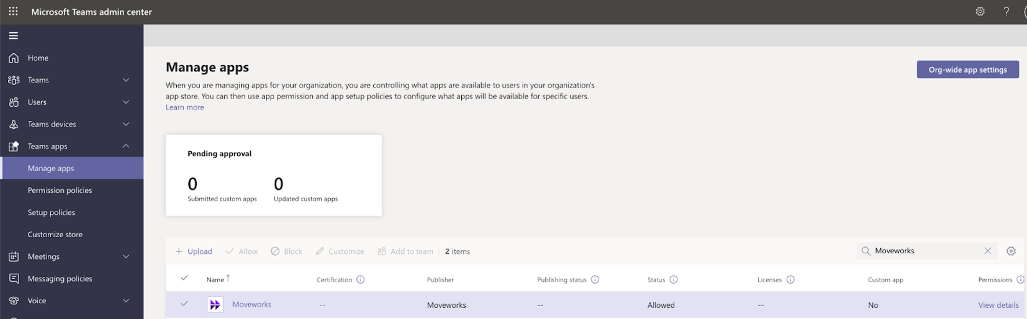 Manage Apps page with Moveworks search results