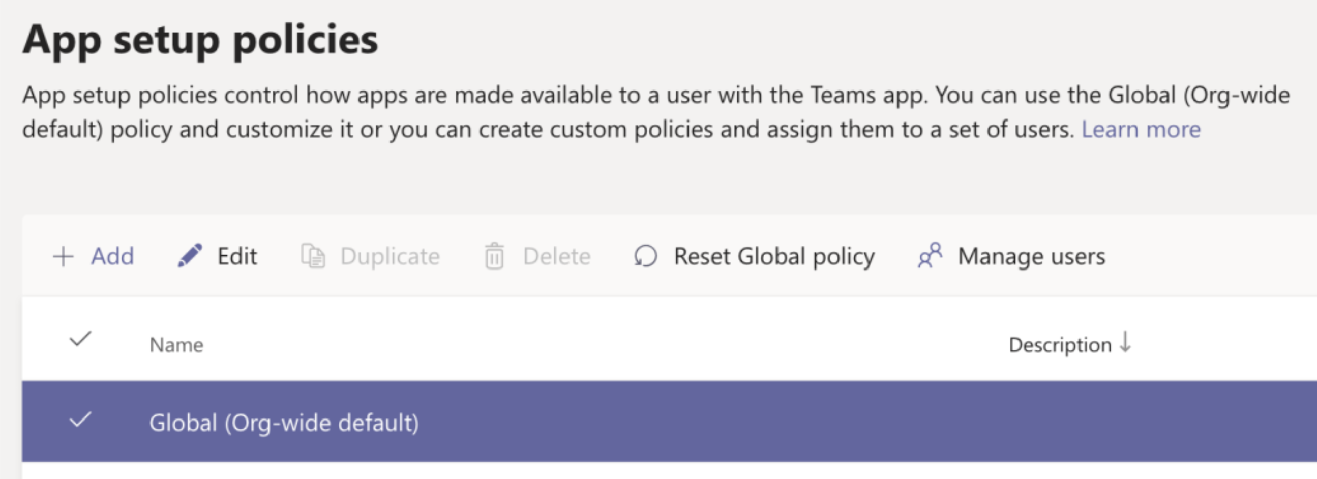 Global setup policies page with Edit button