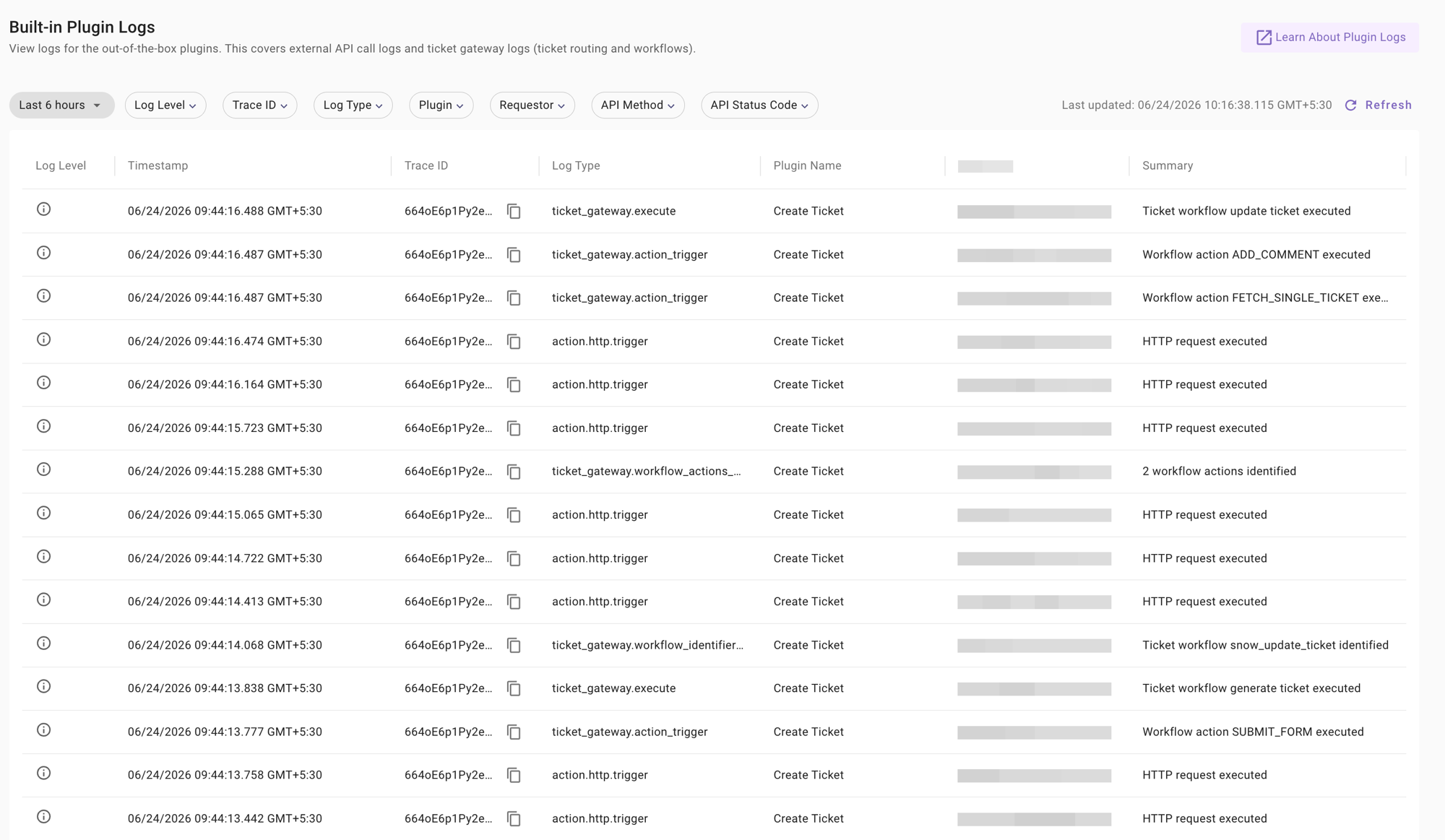 Built-in Plugin Logs with the Trace ID column and copy button