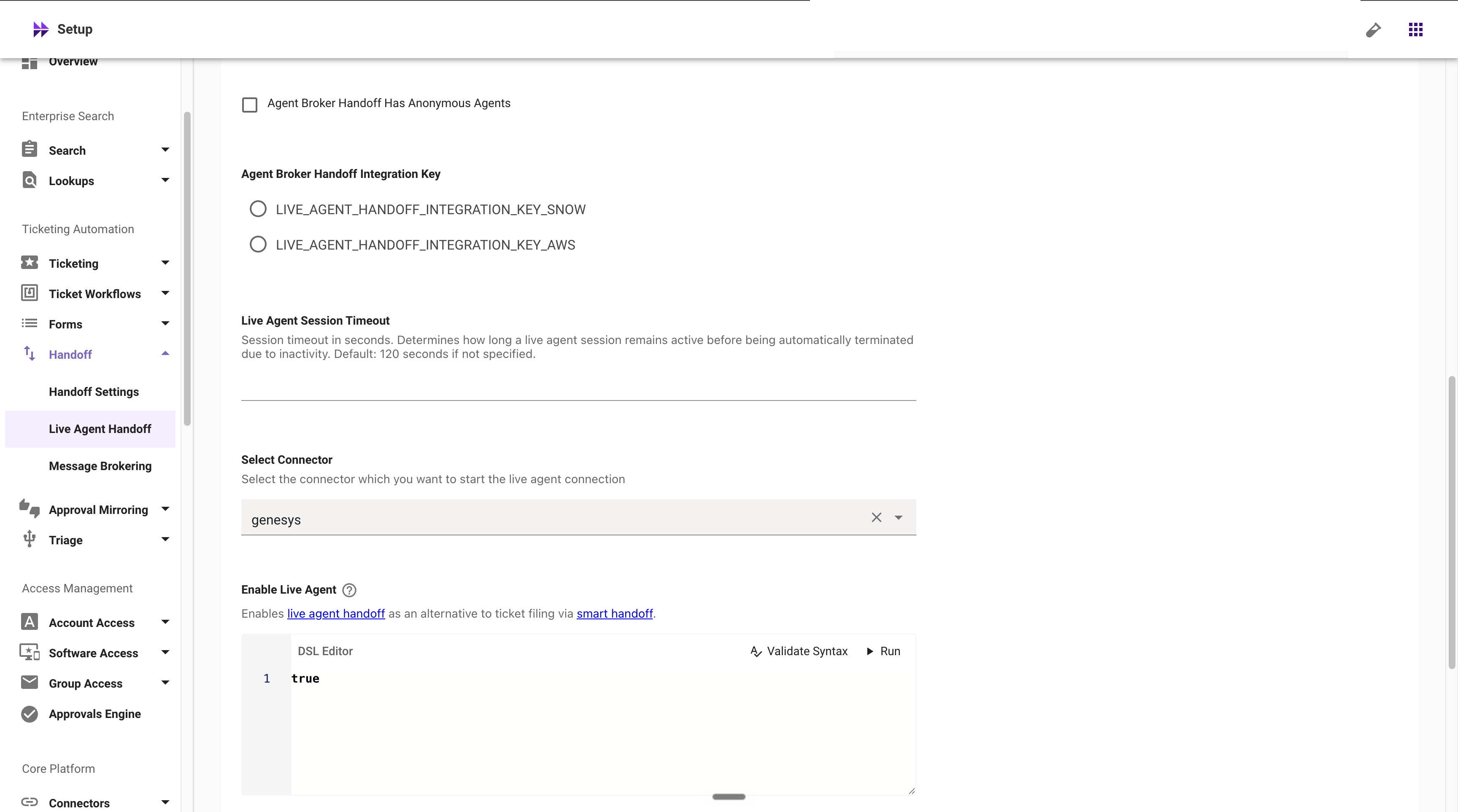 Connector selection, session timeout, and the Enable Live Agent rule