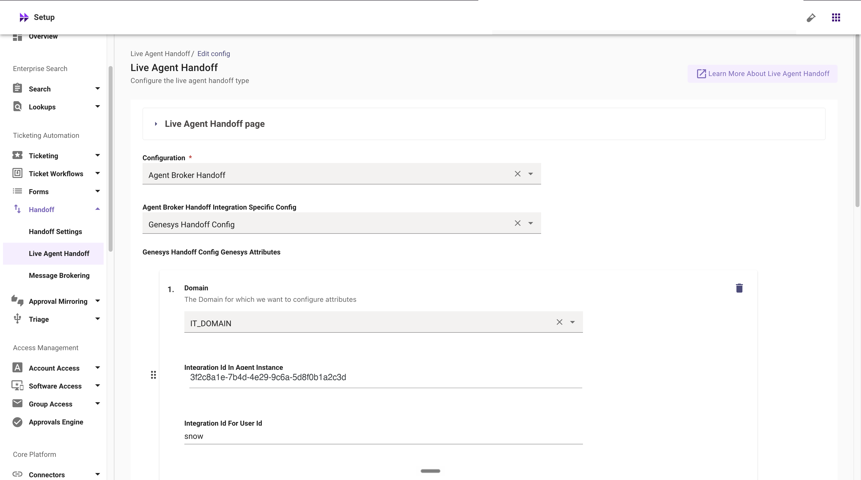 Genesys attributes per domain: Integration Id In Agent Instance and Integration Id For User Id (example values shown)