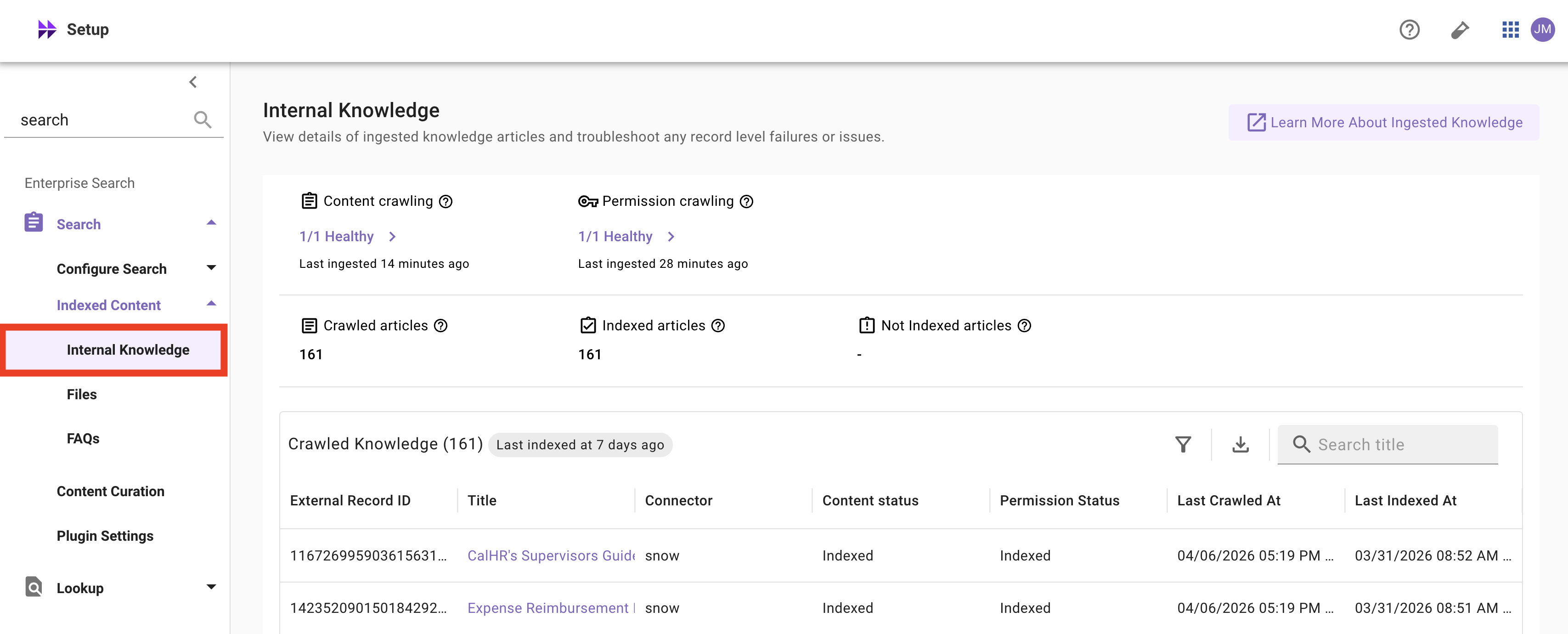 Indexed Content > Internal Knowledge page listing ingested articles