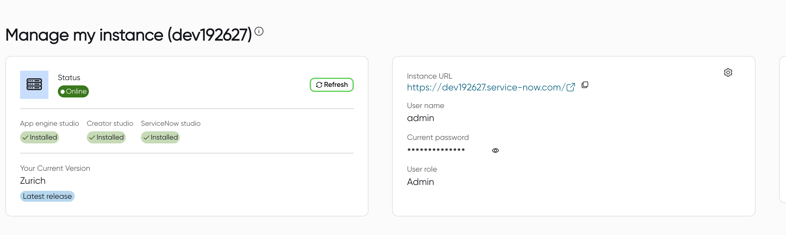 Instance details panel showing URL, username, and auto-generated admin password