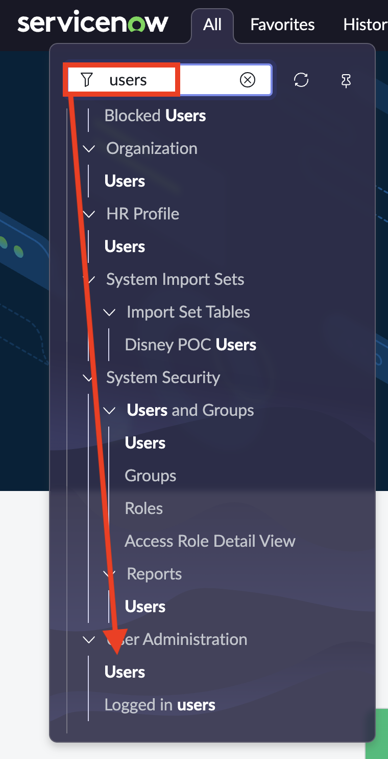 User Administration menu showing the Users option in ServiceNow