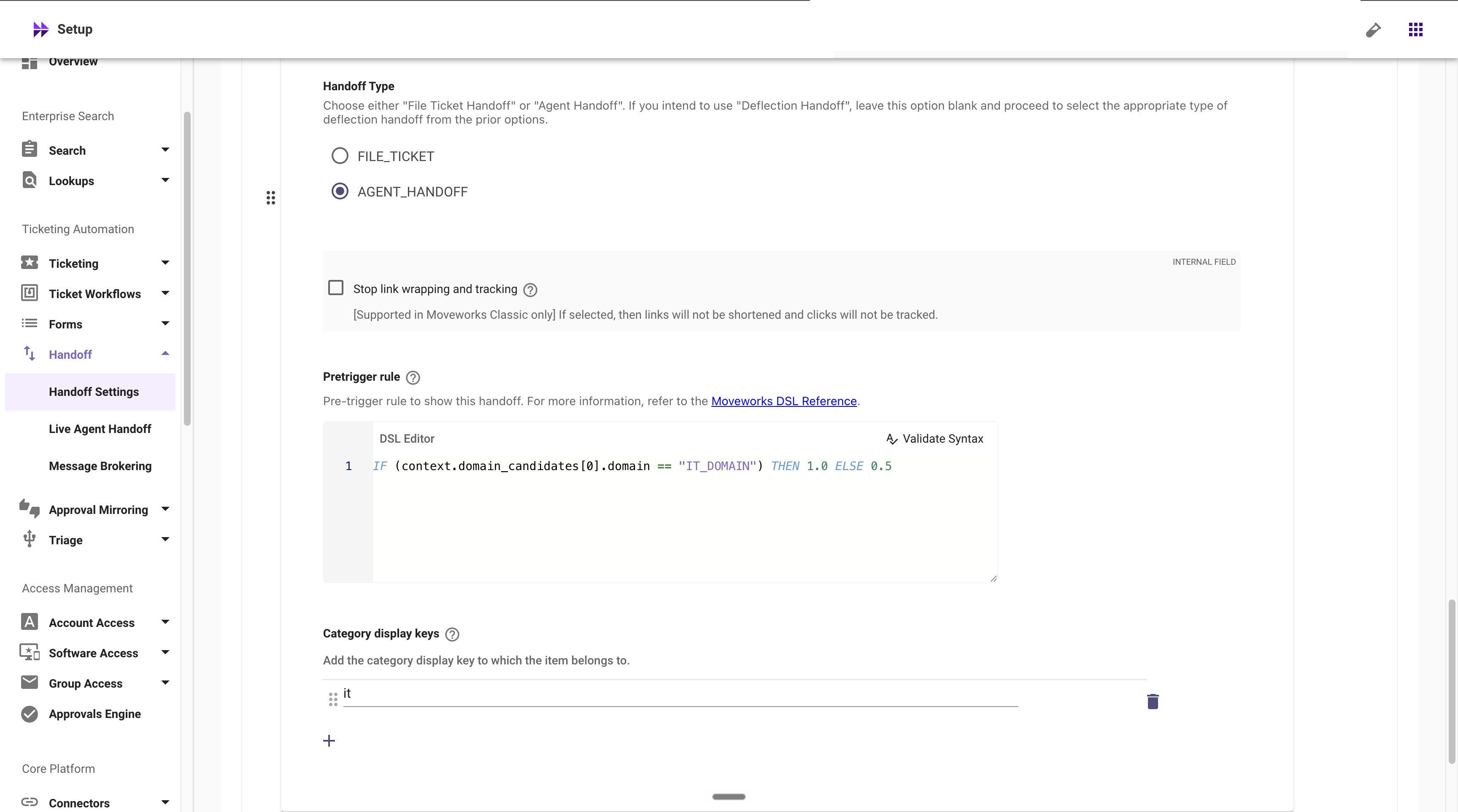 Handoff Settings: pretrigger rule and category display keys