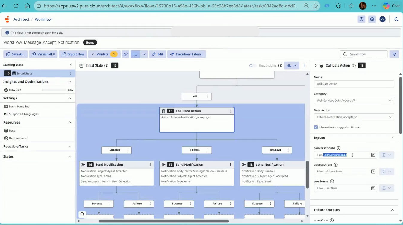 Accept workflow: the agent-accepted data action call with its input mappings