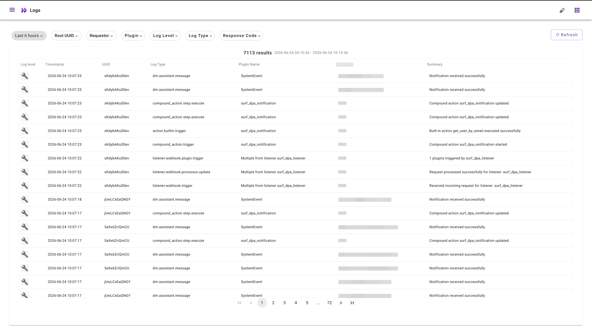Agent Studio Logs view with the UUID column and Root UUID filter
