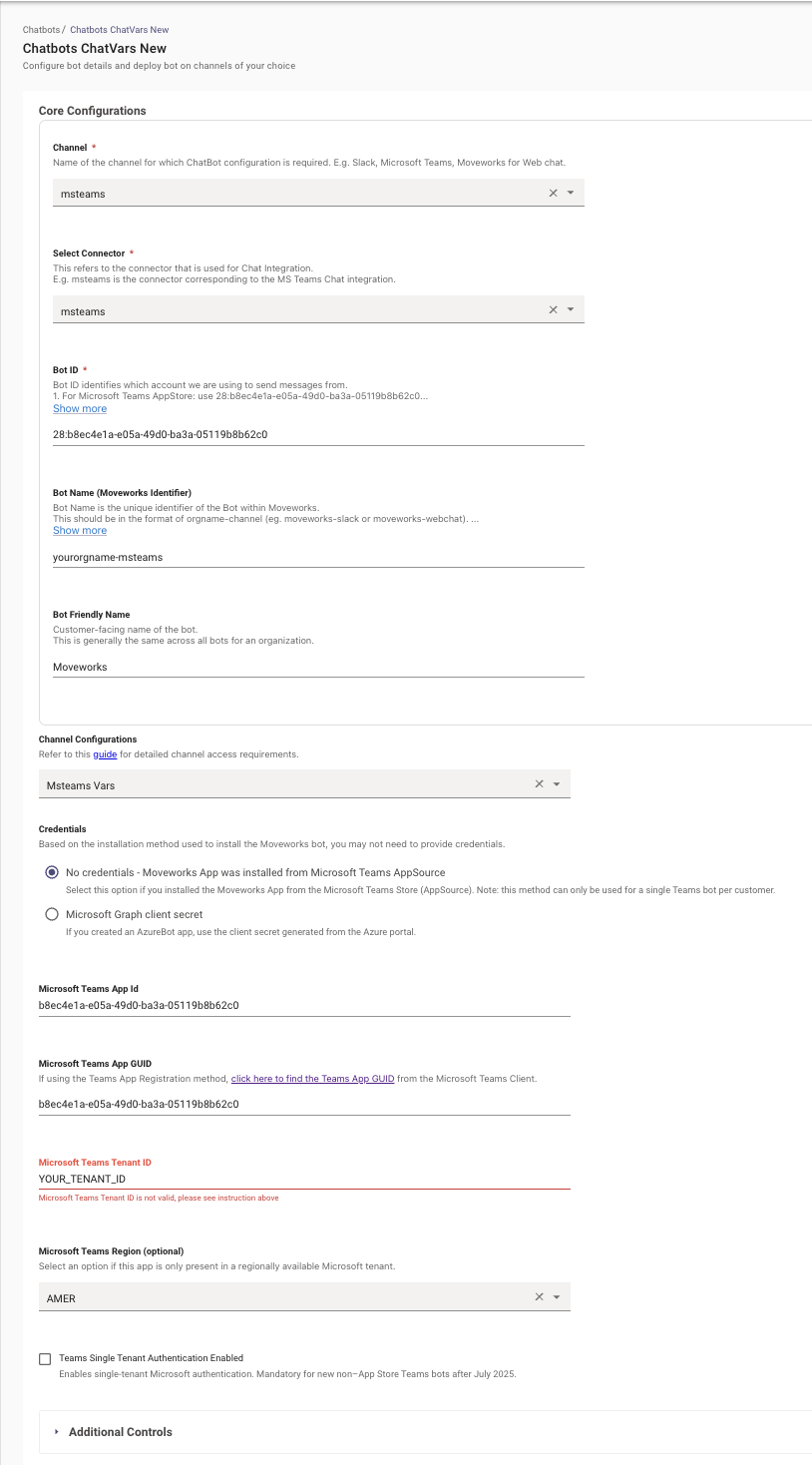 Chatbot configuration page with Bot Name, Bot Friendly Name, and Microsoft Teams Tenant ID fields