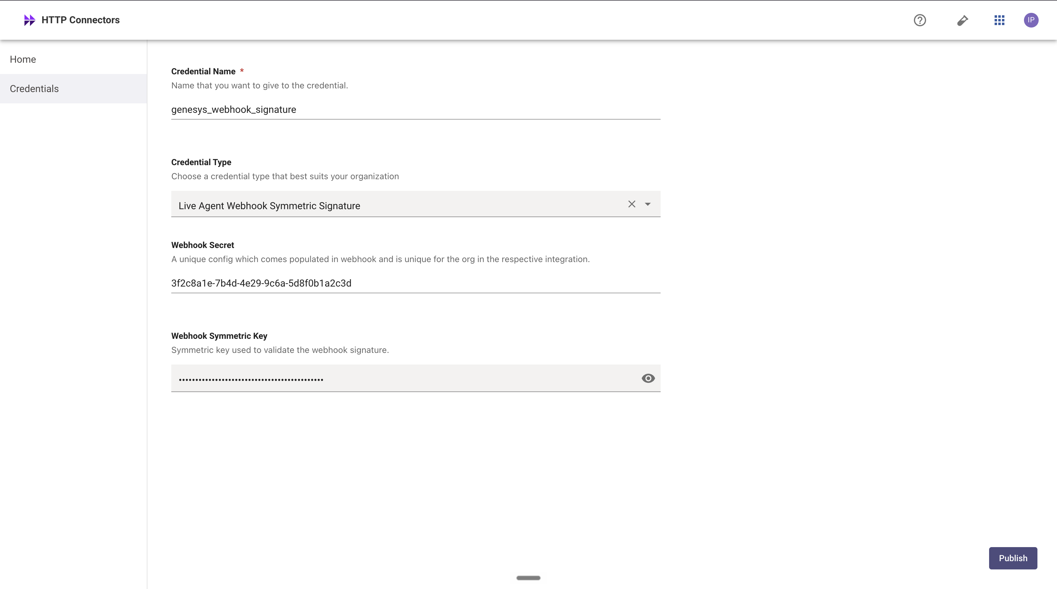 Live Agent Webhook Symmetric Signature credential: the Webhook Secret holds the integration ID and the Webhook Symmetric Key holds the signature secret (example values shown)