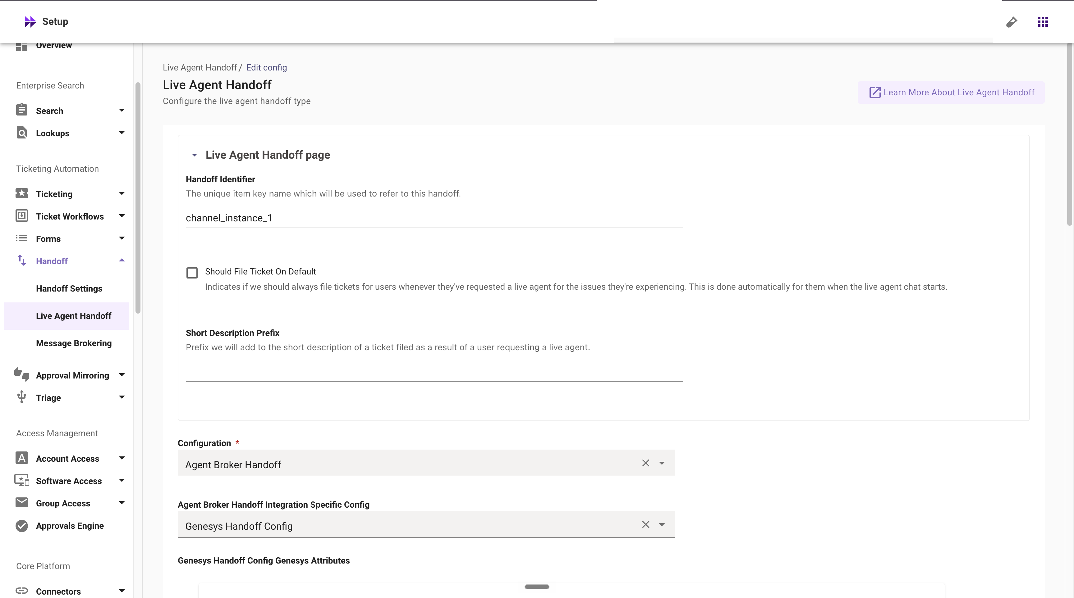 Live Agent Handoff configuration: Agent Broker Handoff with the Genesys Handoff Config