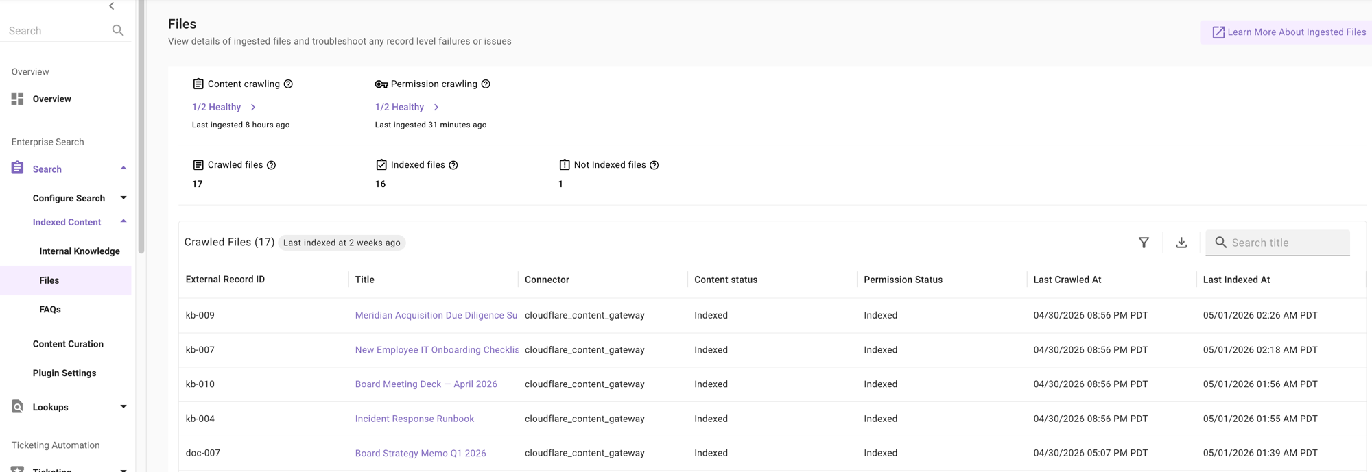 Files screen showing crawling health widgets, indexed file counts, and crawled records table