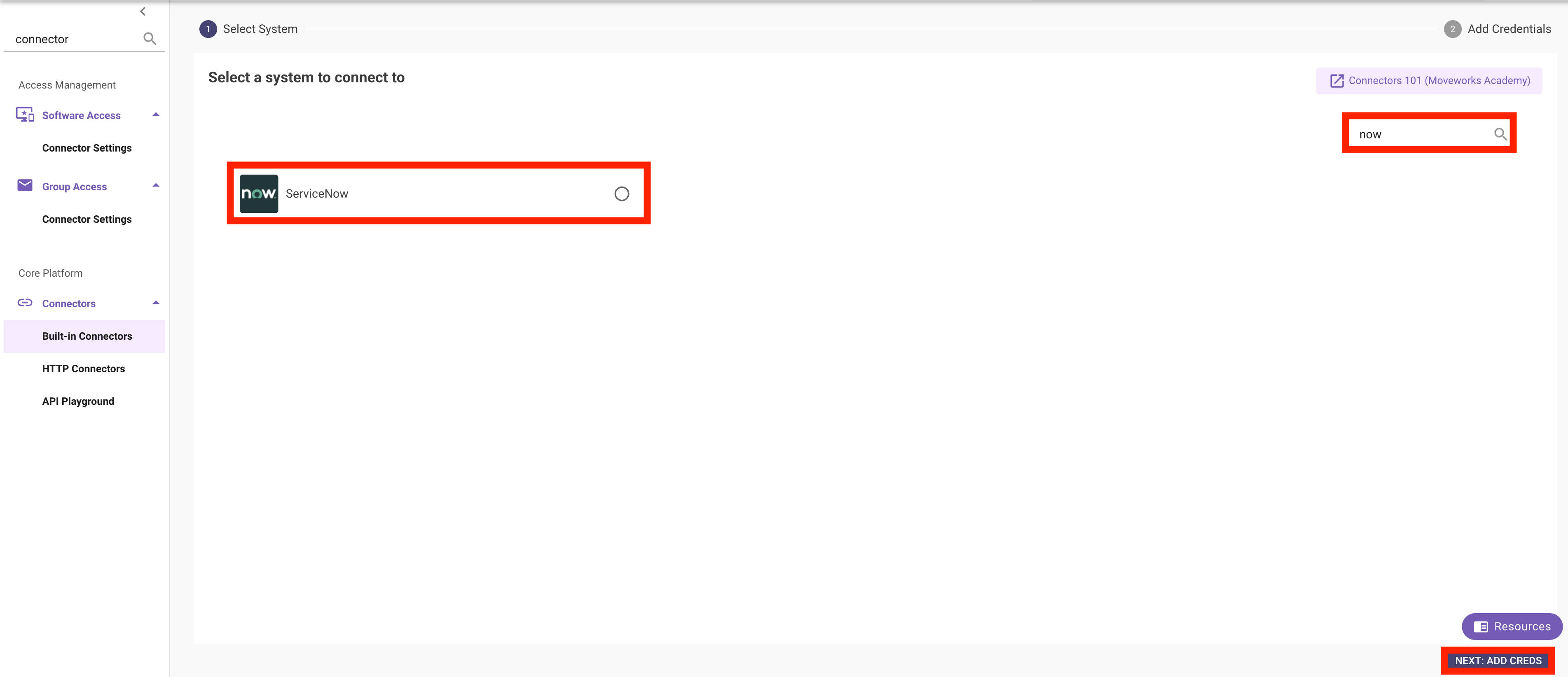 Built-in Connectors page in Moveworks Setup with ServiceNow selected as the system to connect to