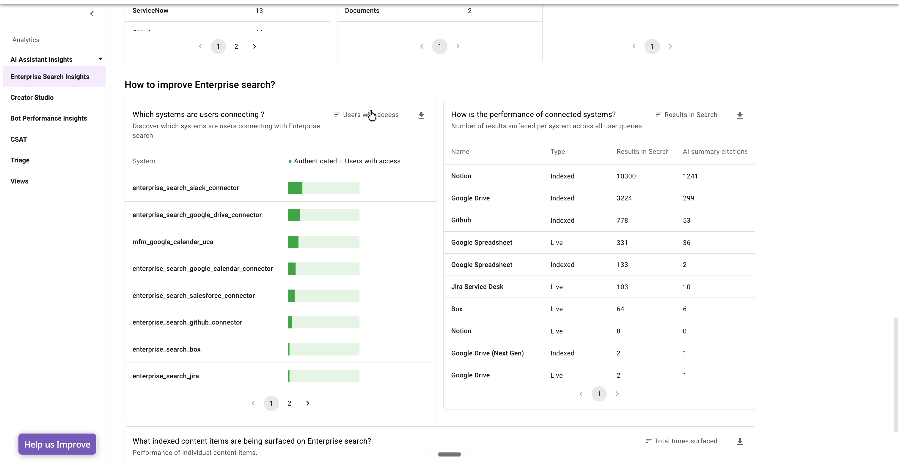 How to improve Enterprise Search: a table of systems users have authenticated, and a table of connected-system performance showing type, results in search, and AI summary citations