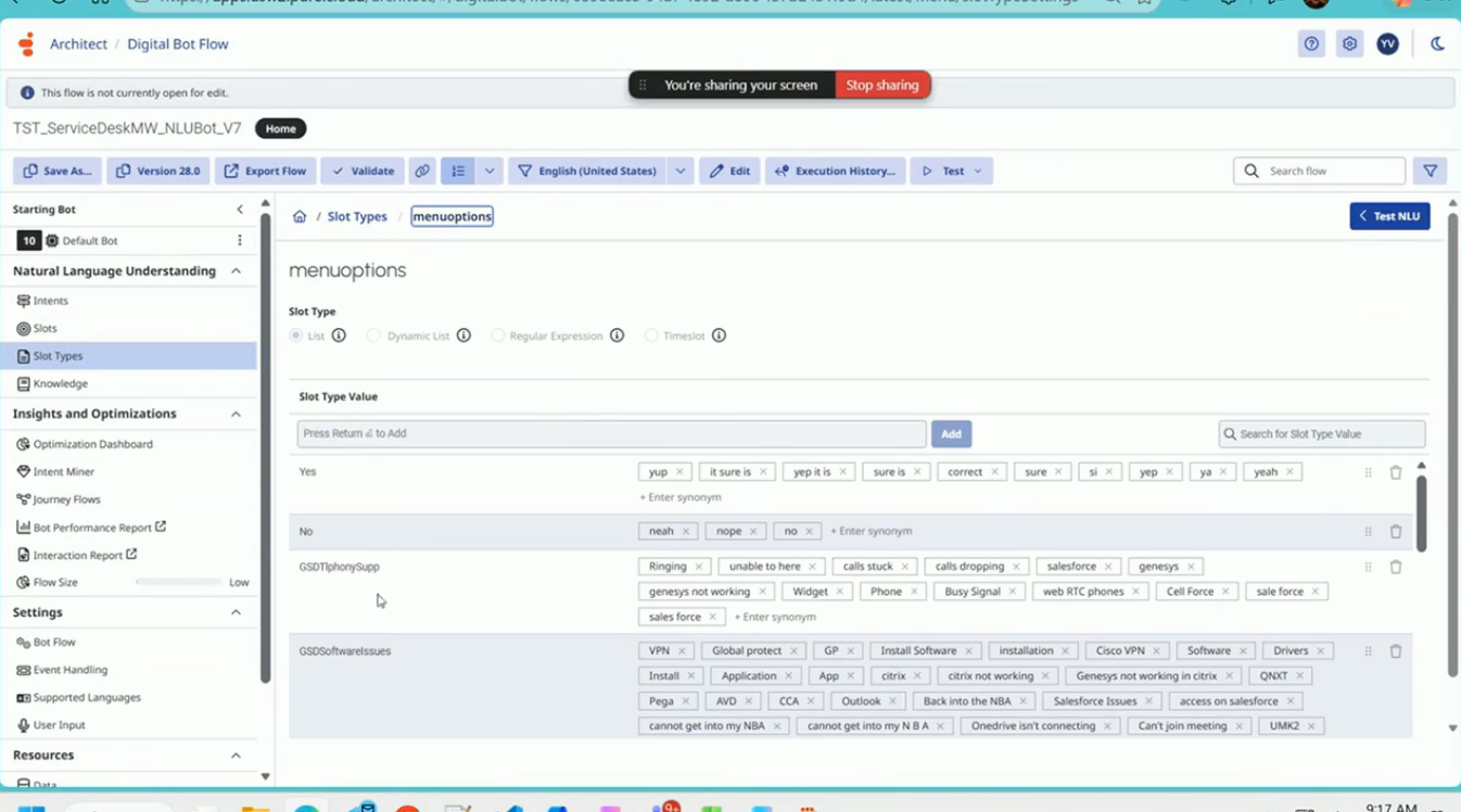 List slot type: values act as intents, each with a synonym list