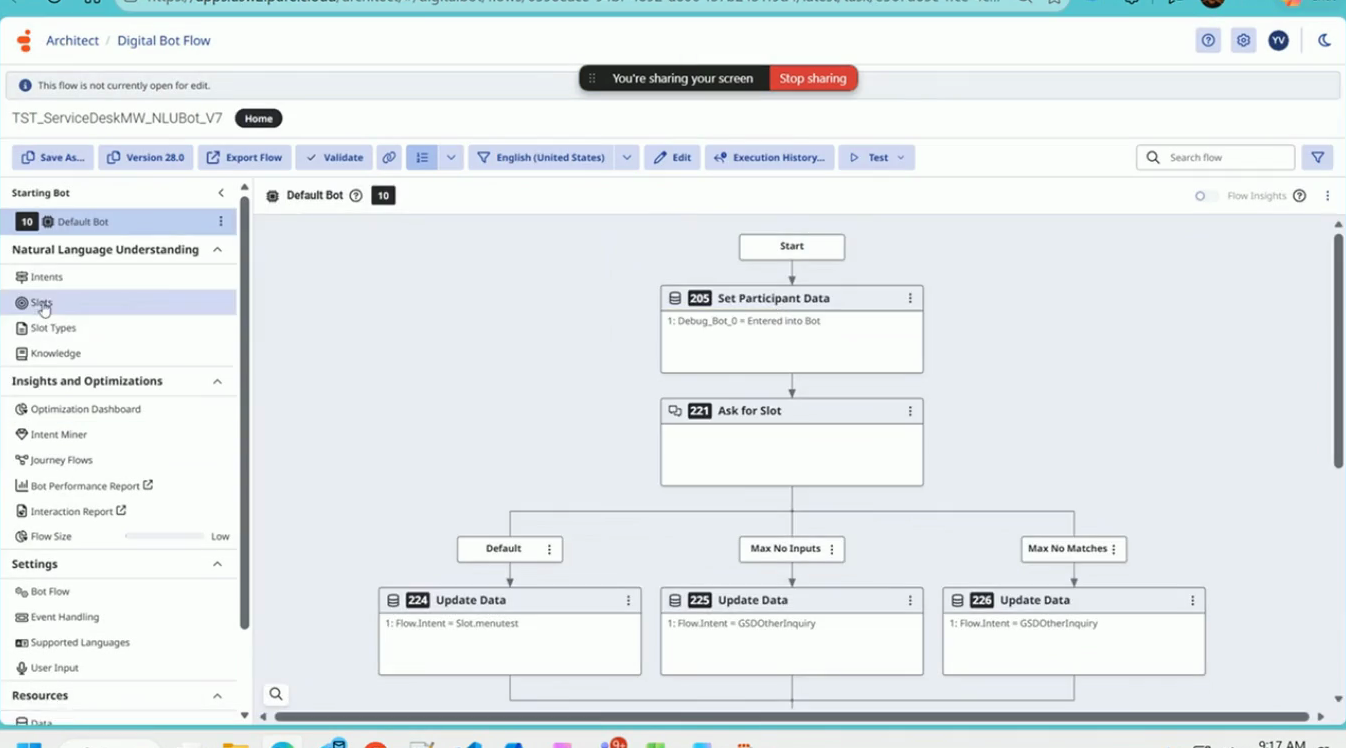 Digital bot flow: Ask for Slot maps the employee's text to an intent value with fallbacks