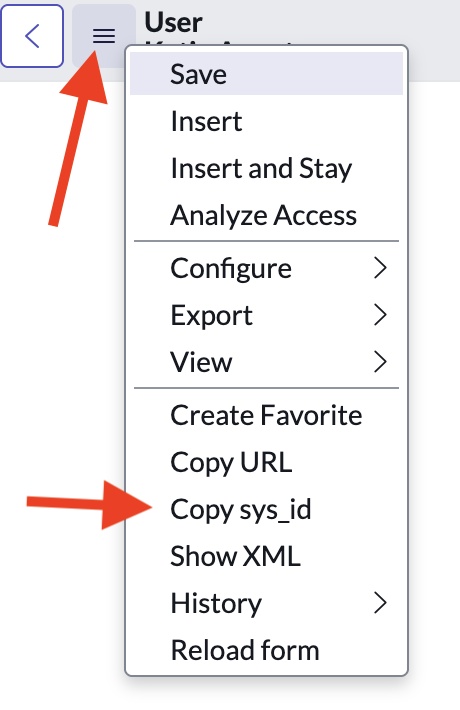 Hamburger menu on the user record showing the Copy sys_id option