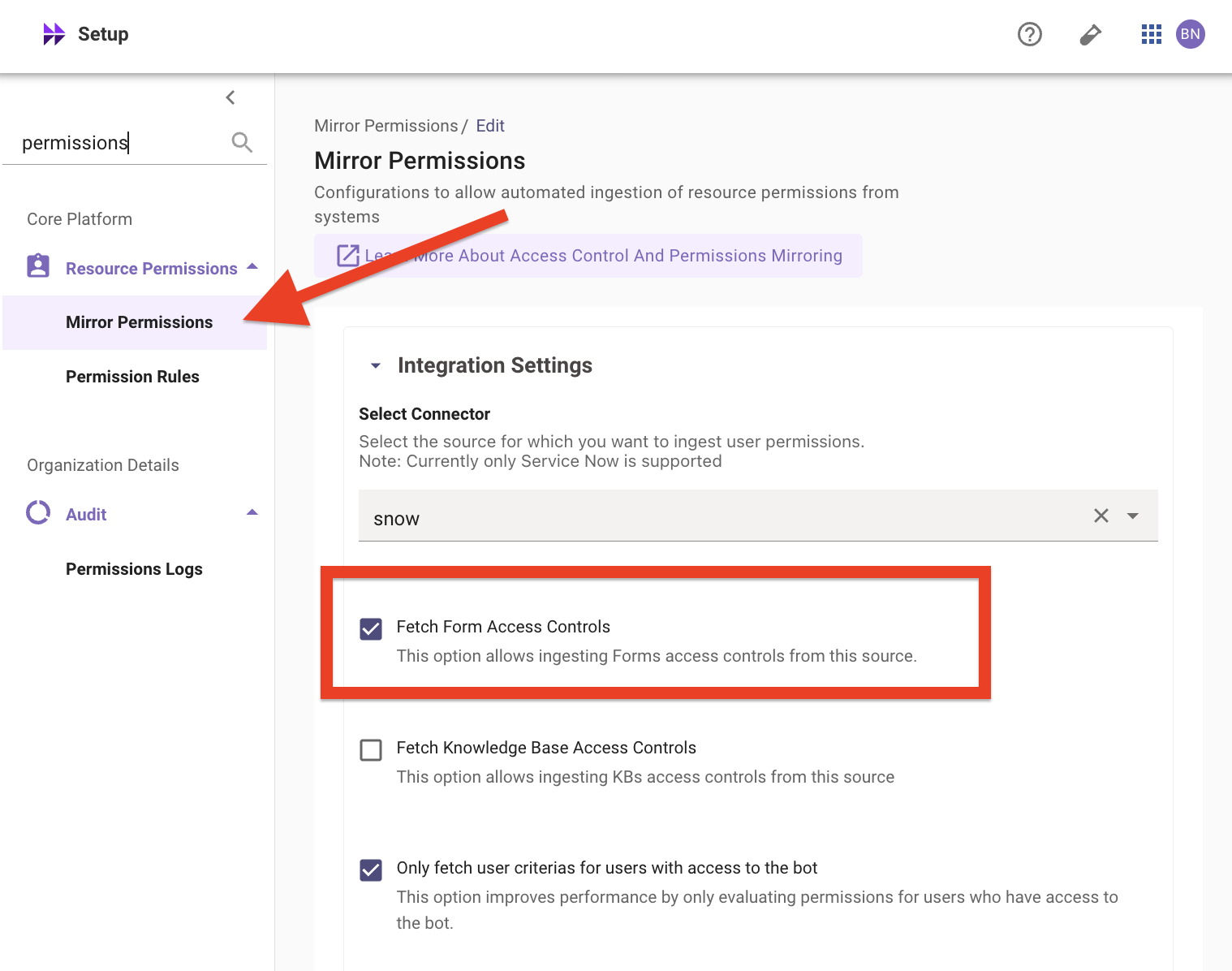Mirror Permissions page with Fetch Form Access Controls checked