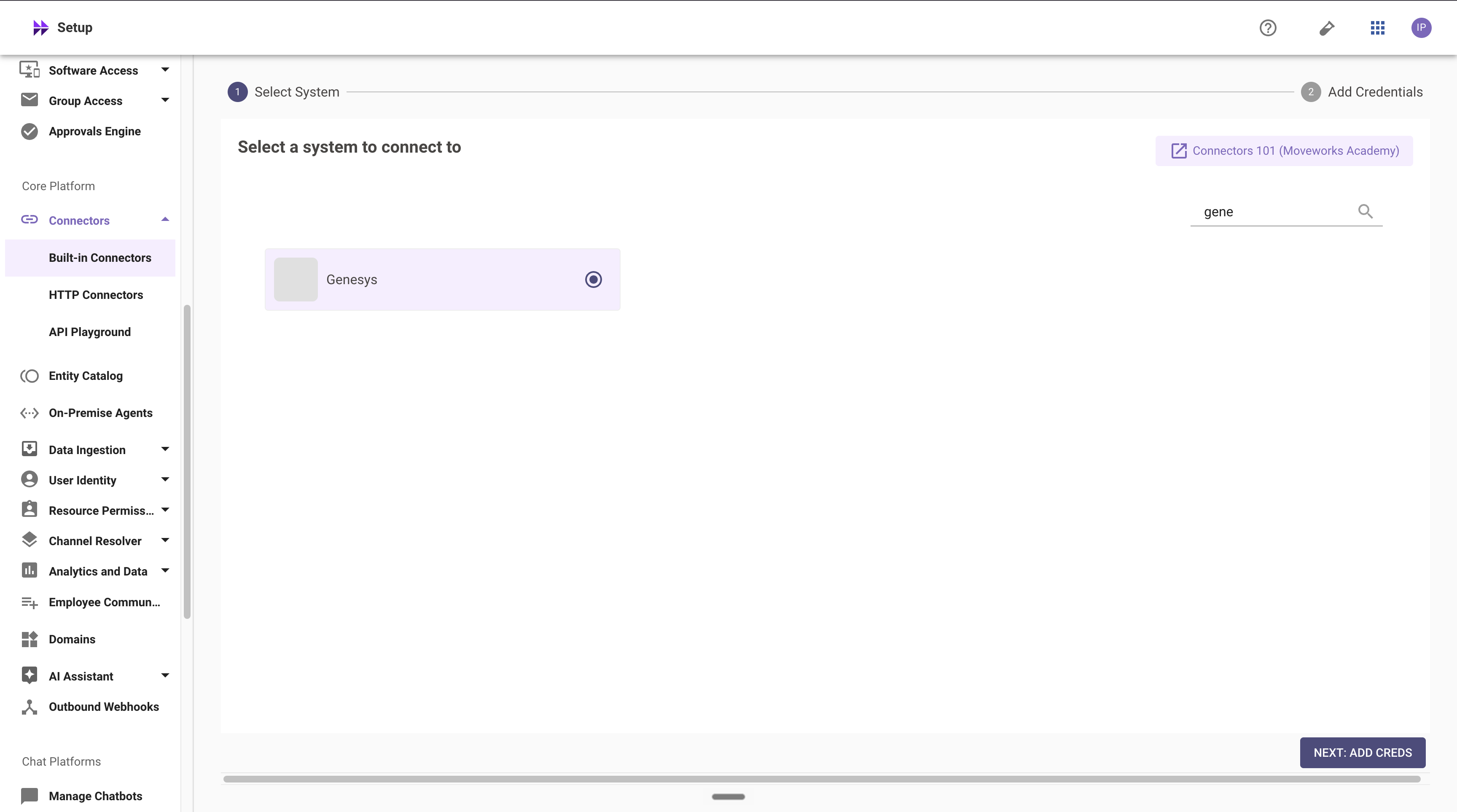 Built-in Connectors: select Genesys as the system to connect to