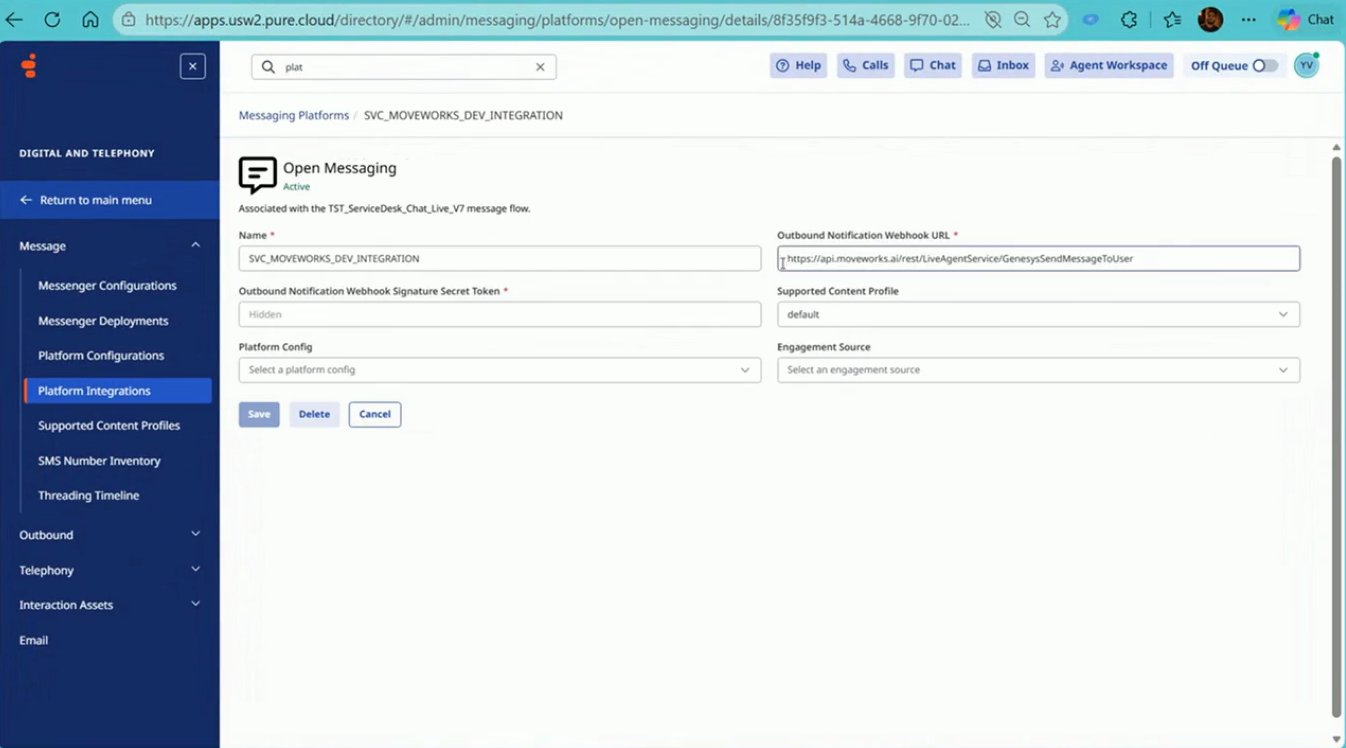 Open Messaging integration: name, Moveworks webhook URL, signature secret token, and content profile