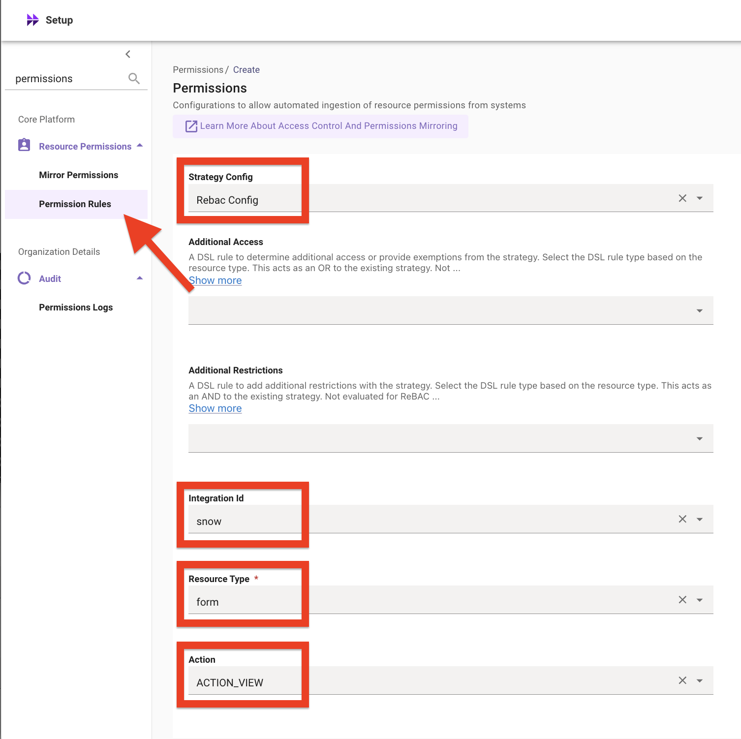 Permission Rules page with a ReBAC rule for the form resource type