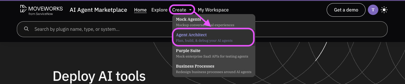 Opening Agent Architect from the Create menu in the AI Agent Marketplace
