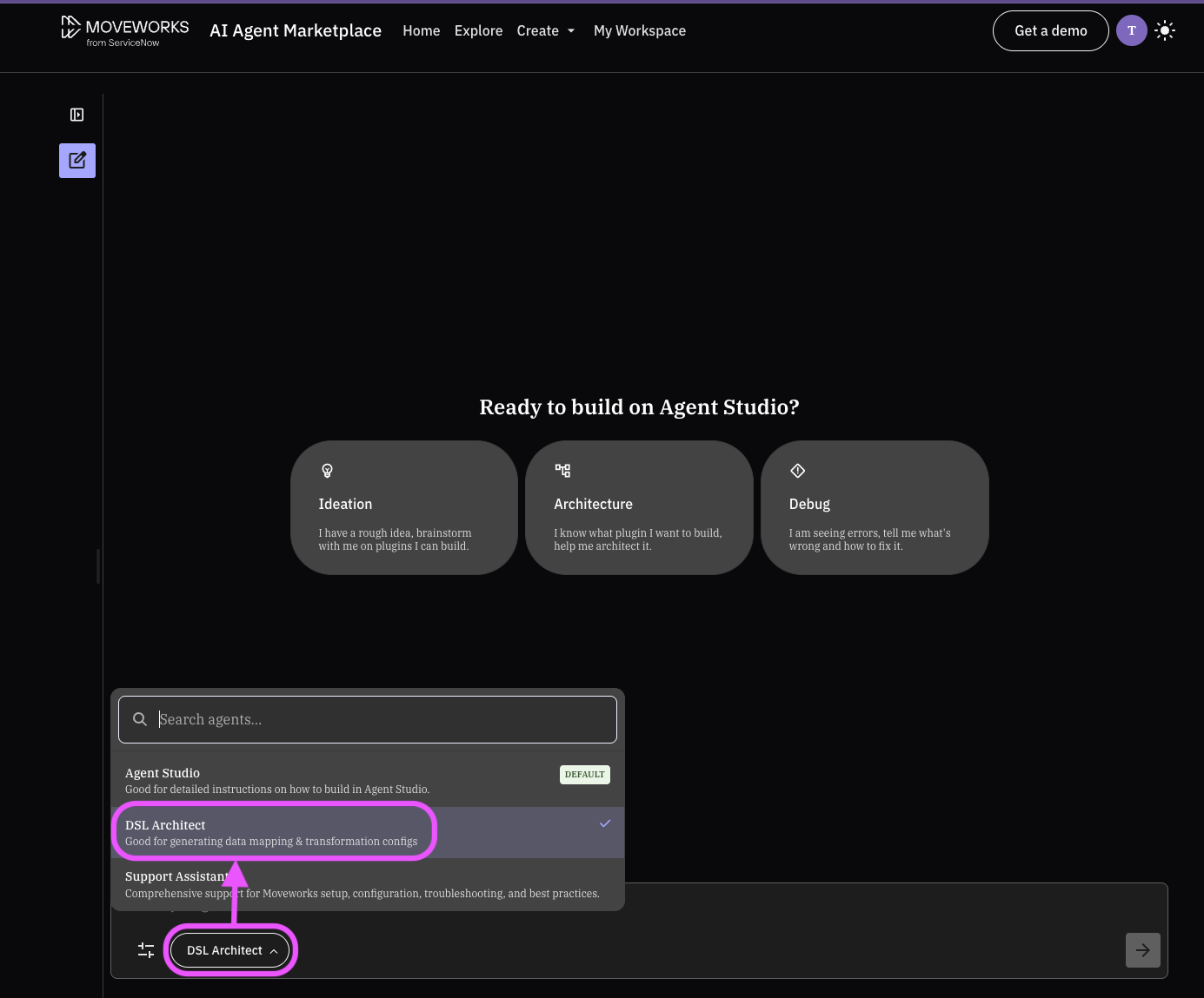 Selecting the DSL Architect agent in Agent Architect