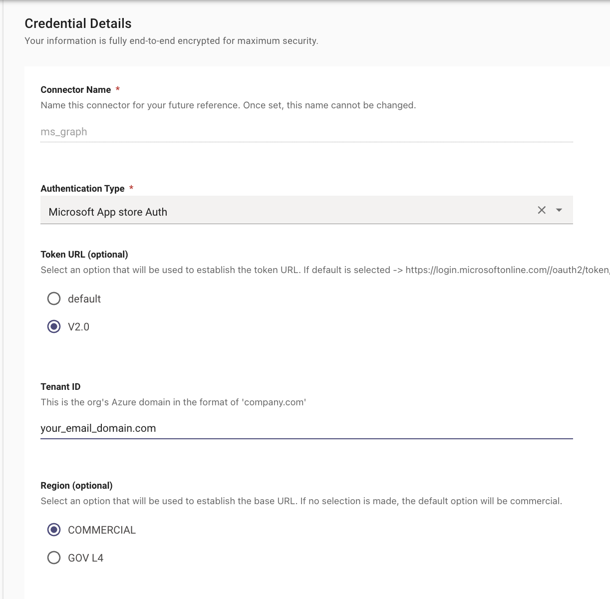 MS Graph connector Credential Details with Microsoft App store Auth selected