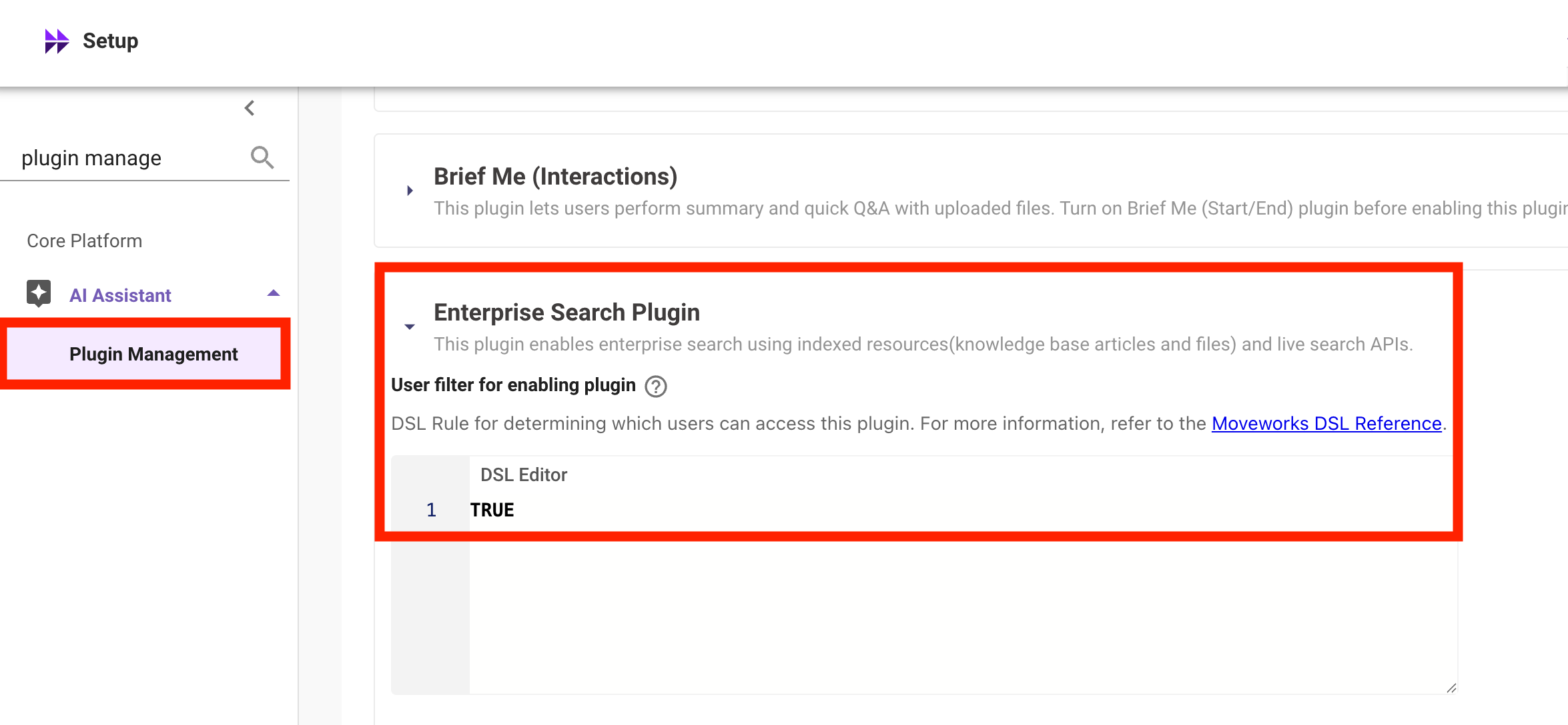 Plugin Management page with the Enterprise Search plugin enabled
