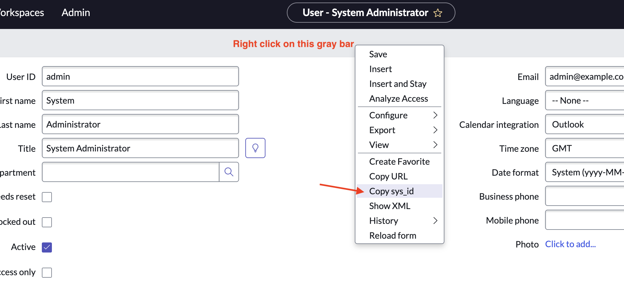 Right-click context menu on the record form header showing the Copy sys_id option