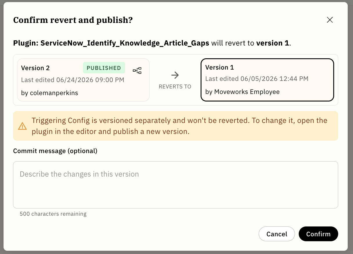Confirm revert and publish dialog showing Version 2 reverting to Version 1, a warning about Triggering Config, and an optional commit message field.
