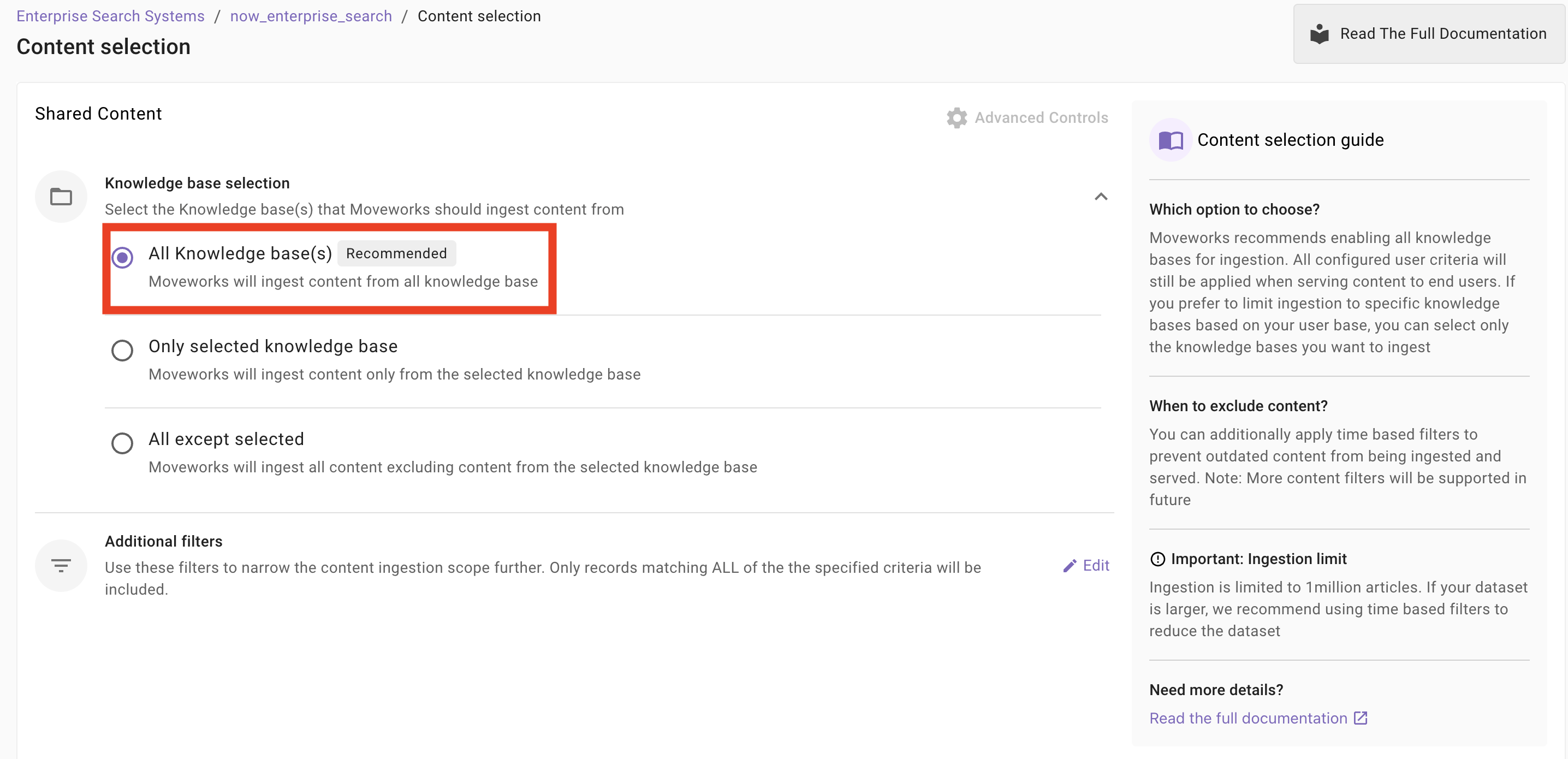 Content Selection step showing knowledge base selection