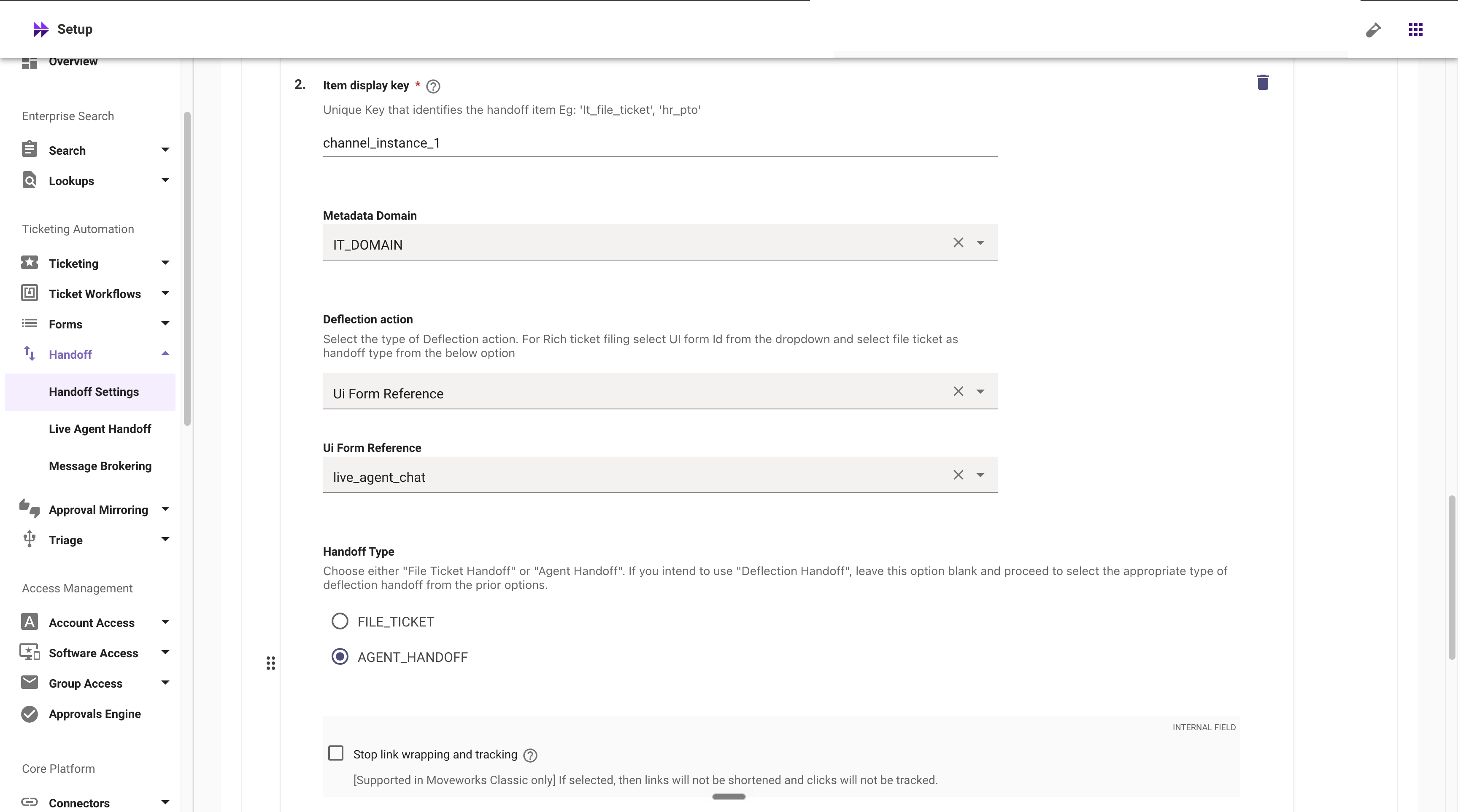 Handoff Settings: item display key, metadata domain, deflection action, and handoff type