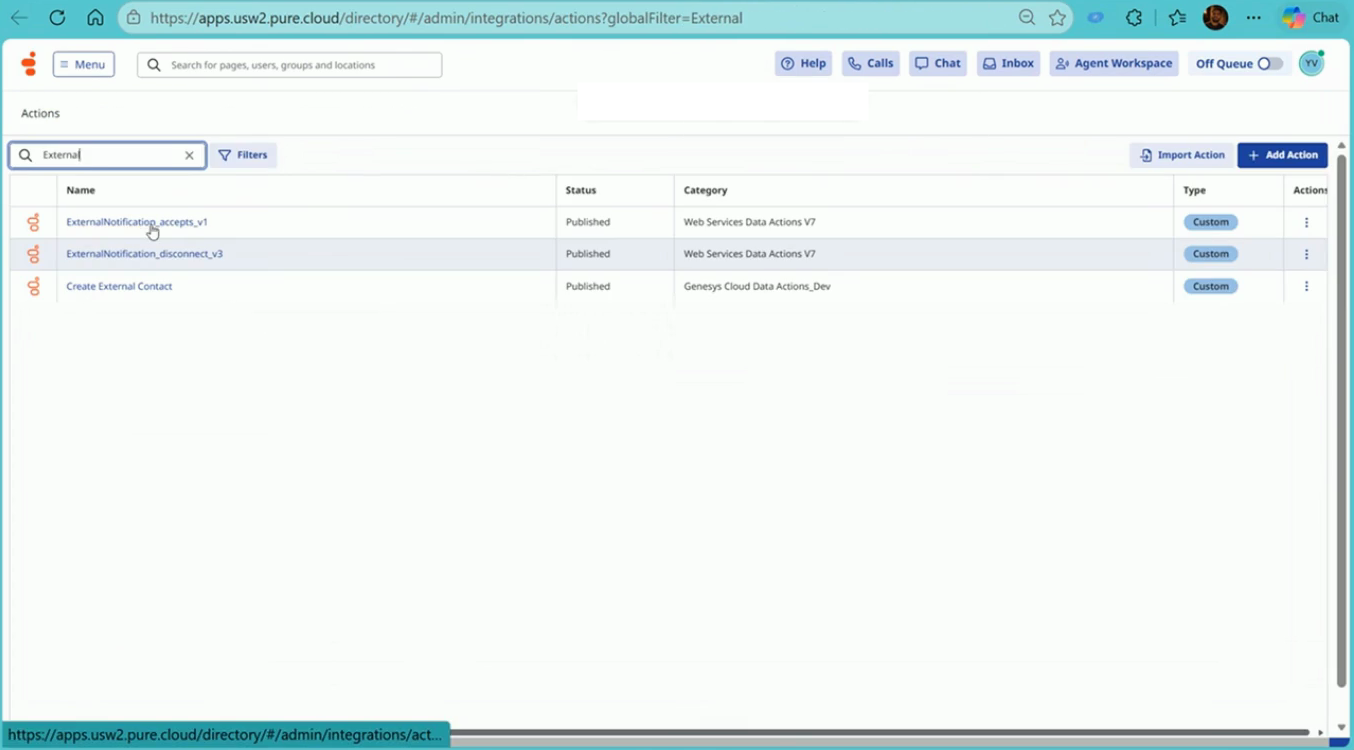 The two custom data actions in the Actions list