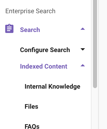 Moveworks Setup nav: Search → Indexed Content → Internal Knowledge / Files / FAQs