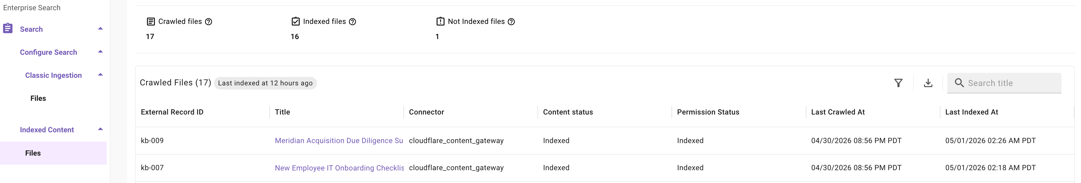 Indexed Content view showing crawled and indexed file counts