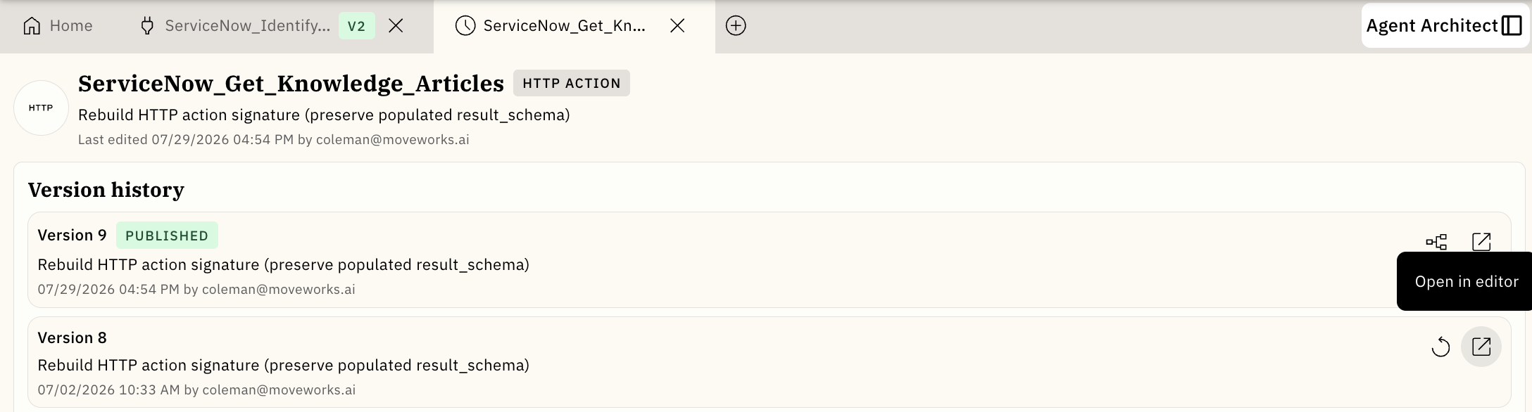 Version history for an HTTP action with the Open in editor button highlighted on Version 8.