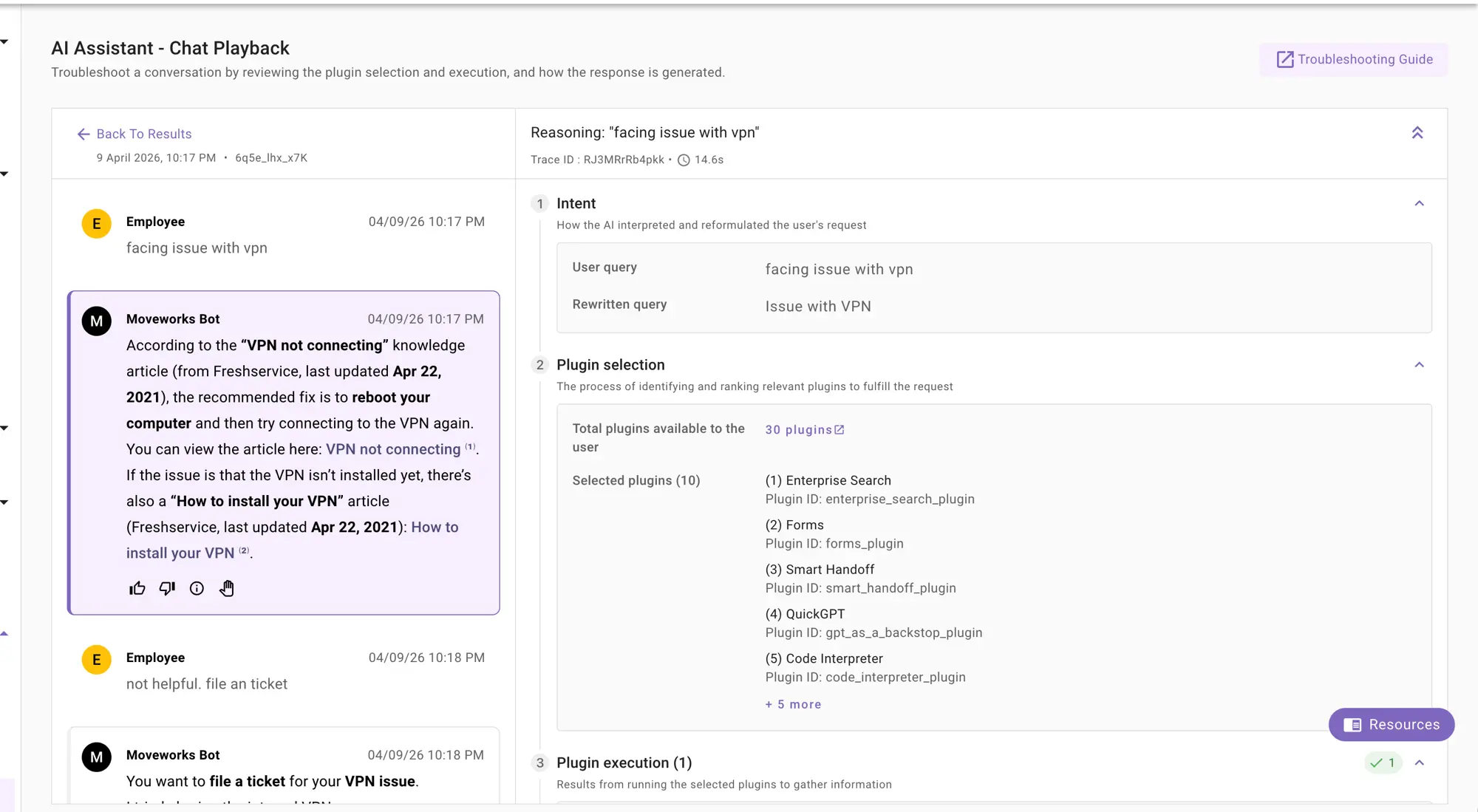 Chat Playback page showing a conversation and the plugin selection panel.