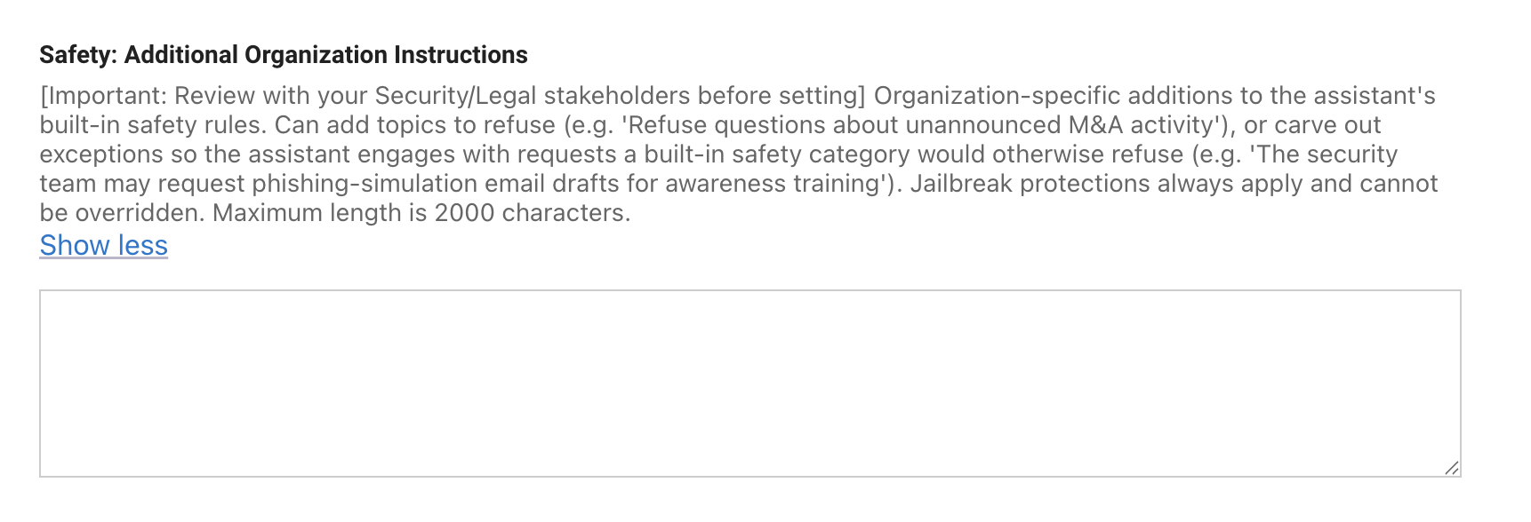 The Safety: Additional Organization Instructions field in Display Configurations